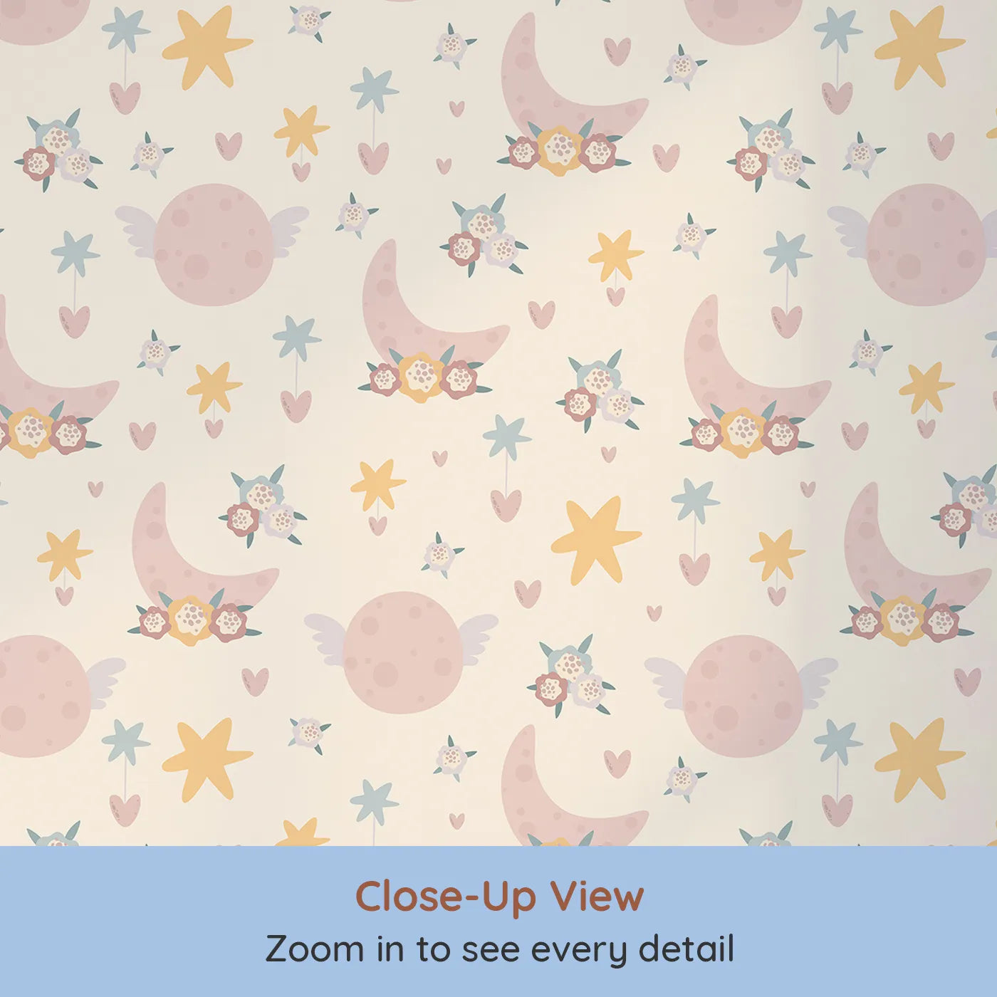 Close-up view of Whimsy Tots' Celestial Petal Dreams Wallpaper in Vanilla Cream (W3202B).Blossom-topped moons and flying planets float through creamy skies.