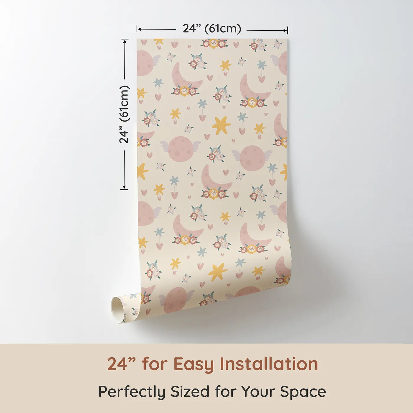 Dimension view of Whimsy Tots Celestial Petal Dreams Wallpaper in Vanilla Cream (W3202B). Printed in 24-inch-wide panel for easy installation. Blossom-topped moons and flying planets float through creamy skies.