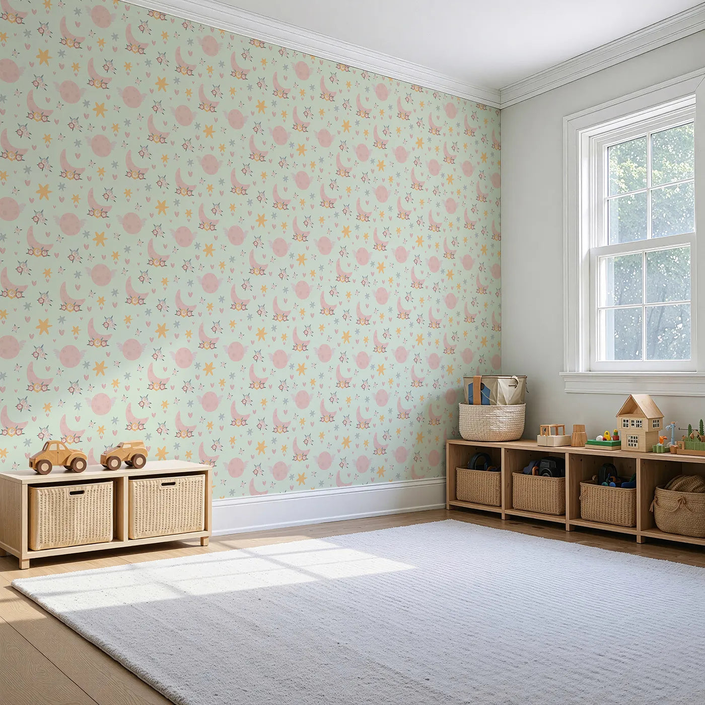 Angled view of Whimsy Tots' Celestial Petal Dreams Wallpaper in Mint Sky Green (W3202C).Floating petals, flying moons, and golden stars light up a minty sky.