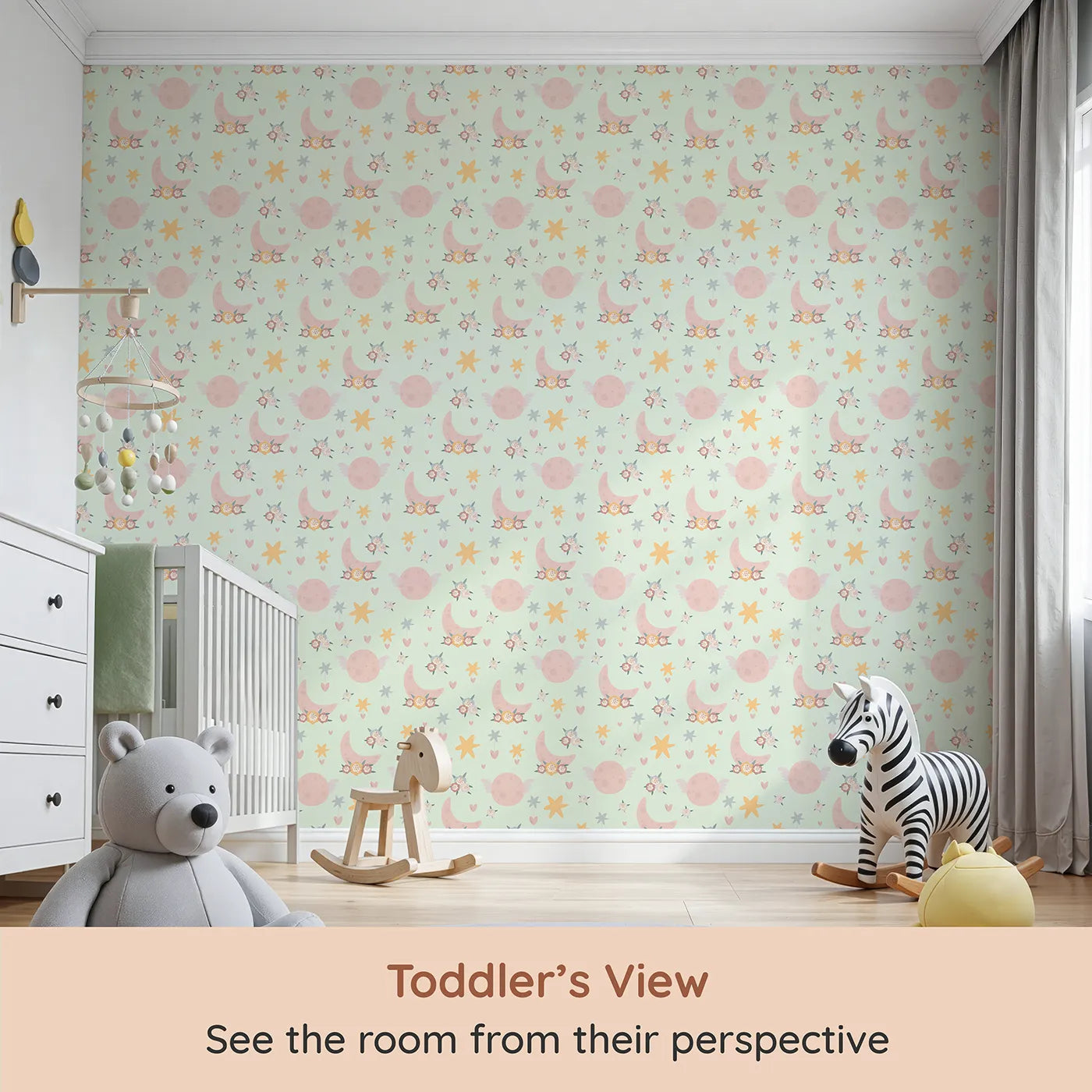 Whimsy Tots Celestial Petal Dreams Wallpaper in Mint Sky Green (W3202C) from your child's view.Floating petals, flying moons, and golden stars light up a minty sky.
