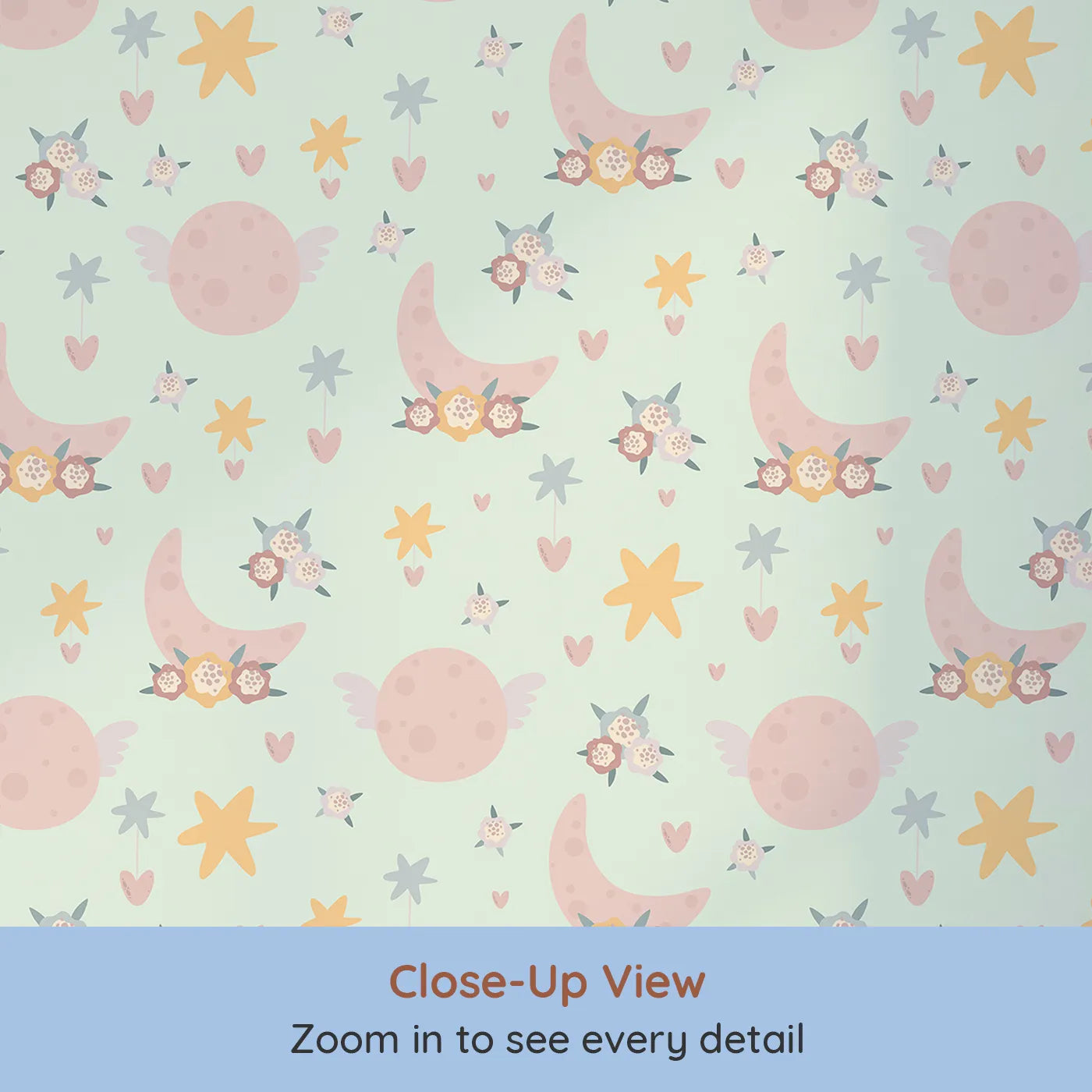 Close-up view of Whimsy Tots' Celestial Petal Dreams Wallpaper in Mint Sky Green (W3202C).Floating petals, flying moons, and golden stars light up a minty sky.