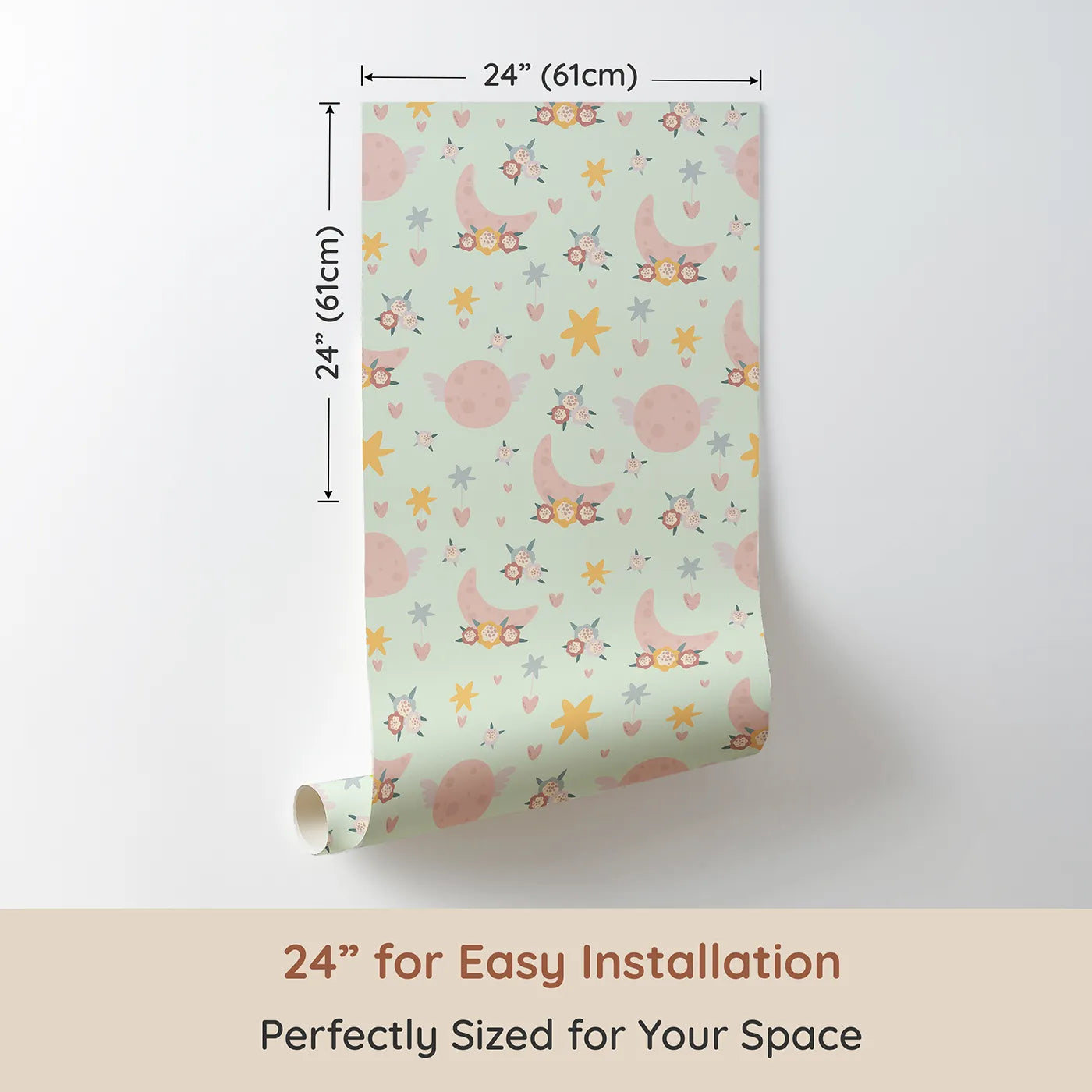 Dimension view of Whimsy Tots Celestial Petal Dreams Wallpaper in Mint Sky Green (W3202C). Printed in 24-inch-wide panel for easy installation. Floating petals, flying moons, and golden stars light up a minty sky.