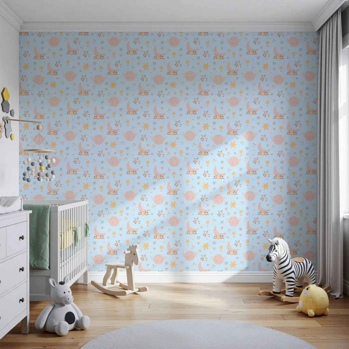 Front view of Whimsy Tots' Celestial Petal Dreams Wallpaper in Morning Sky