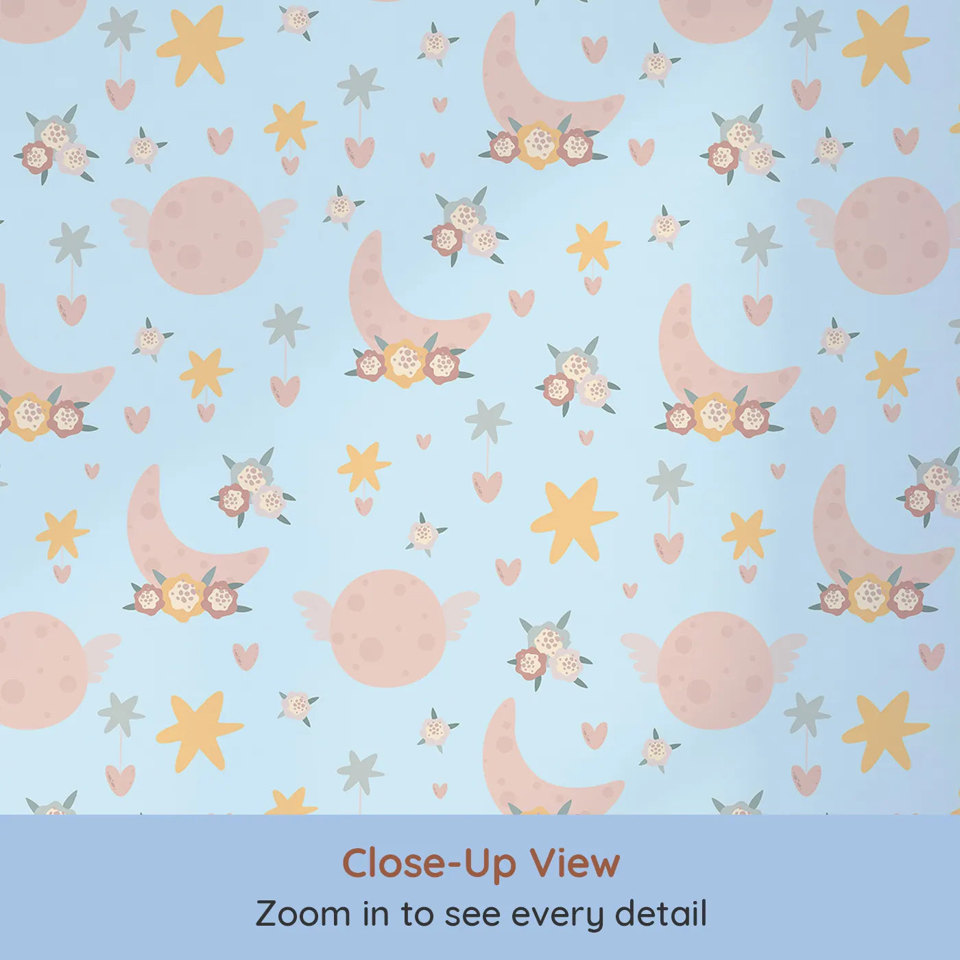 Close-up view of Whimsy Tots' Celestial Petal Dreams Wallpaper in Morning Sky (W3202D).Flying moons and floral stars brighten this gentle morning sky.