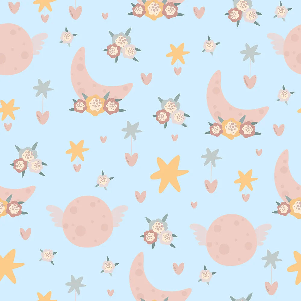 Where Moons Float with Wings and Hearts Drift on Blue
