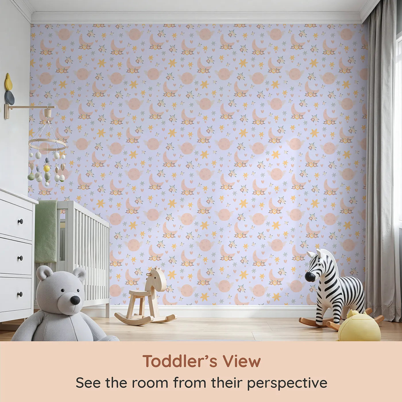 Whimsy Tots Celestial Petal Dreams Wallpaper in Lavender Mist (W3202E) from your child's view.Petal-crowned moons and starlit hearts float across soft lavender skies.