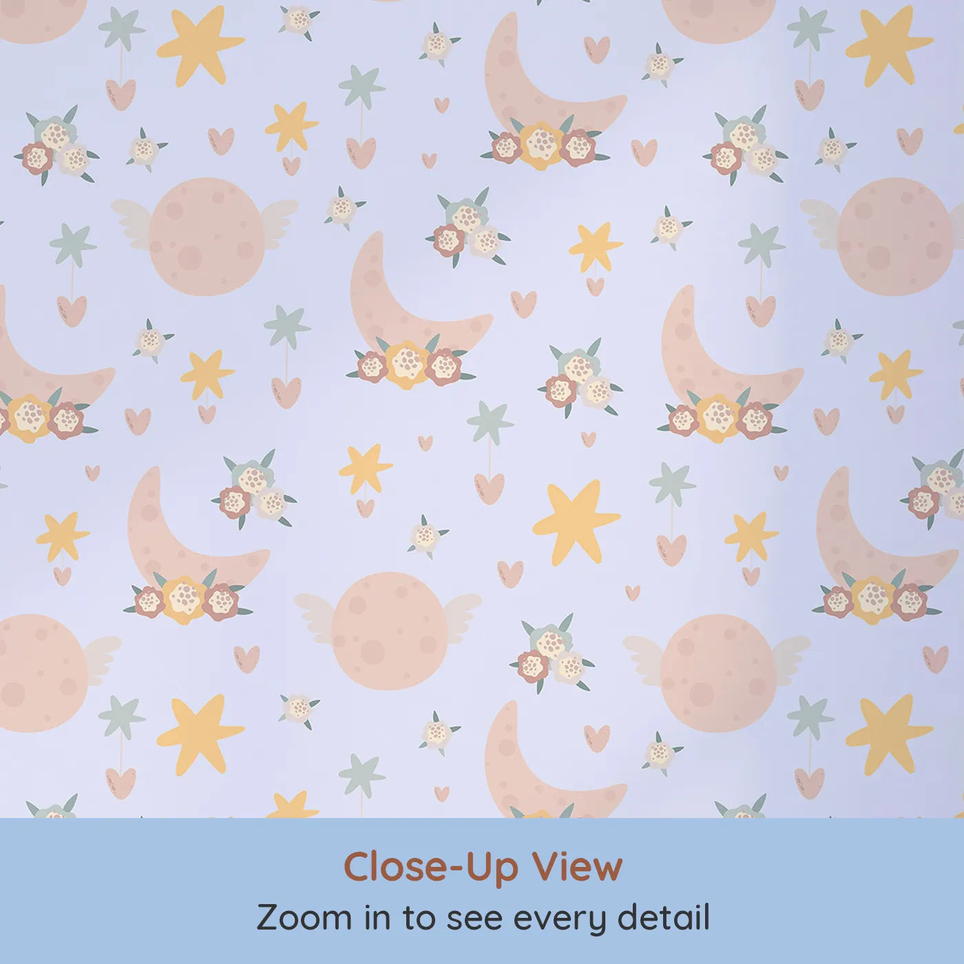 Close-up view of Whimsy Tots' Celestial Petal Dreams Wallpaper in Lavender Mist (W3202E).Petal-crowned moons and starlit hearts float across soft lavender skies.