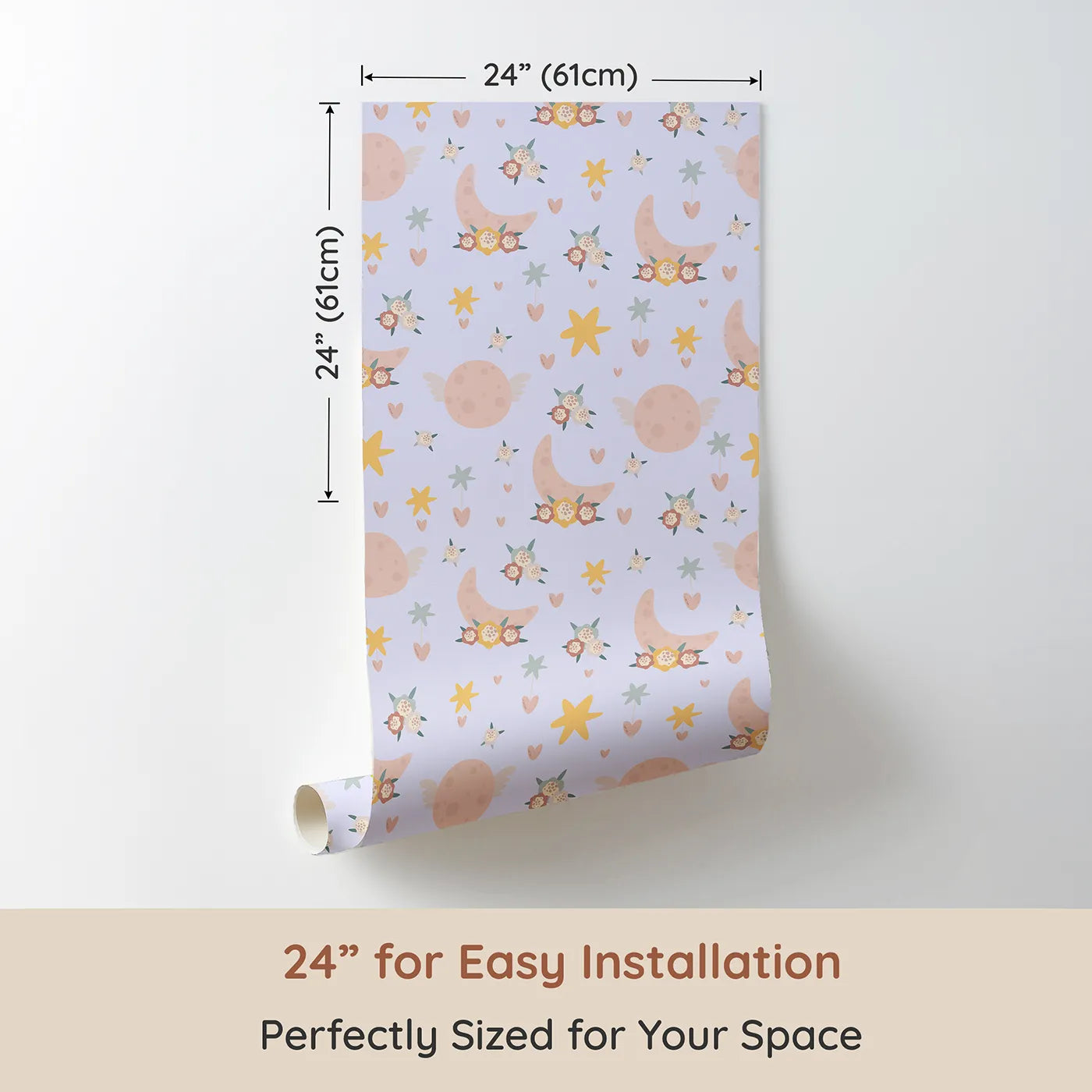 Dimension view of Whimsy Tots Celestial Petal Dreams Wallpaper in Lavender Mist (W3202E). Printed in 24-inch-wide panel for easy installation. Petal-crowned moons and starlit hearts float across soft lavender skies.