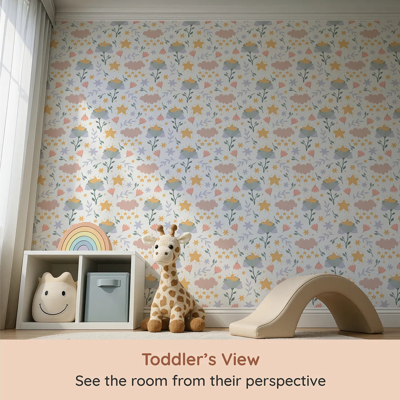 Whimsy Tots Starlight Blossom Dreams Wallpaper in White (W3203A) from your child's view.Golden stars nestle in soft flowers beneath dreamy skies.