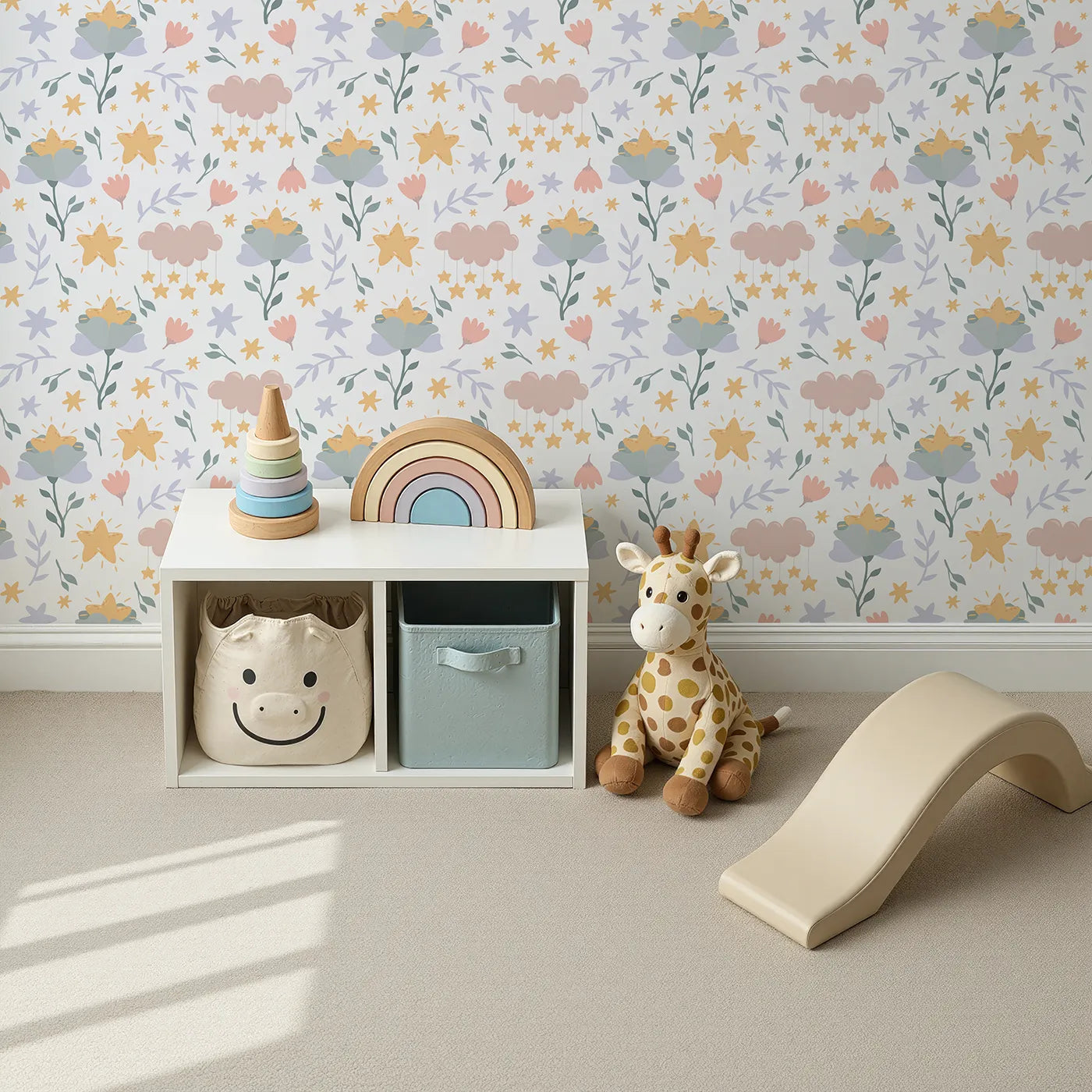 Top-Down view of Whimsy Tots' Starlight Blossom Dreams Wallpaper in White (W3203A).Golden stars nestle in soft flowers beneath dreamy skies.
