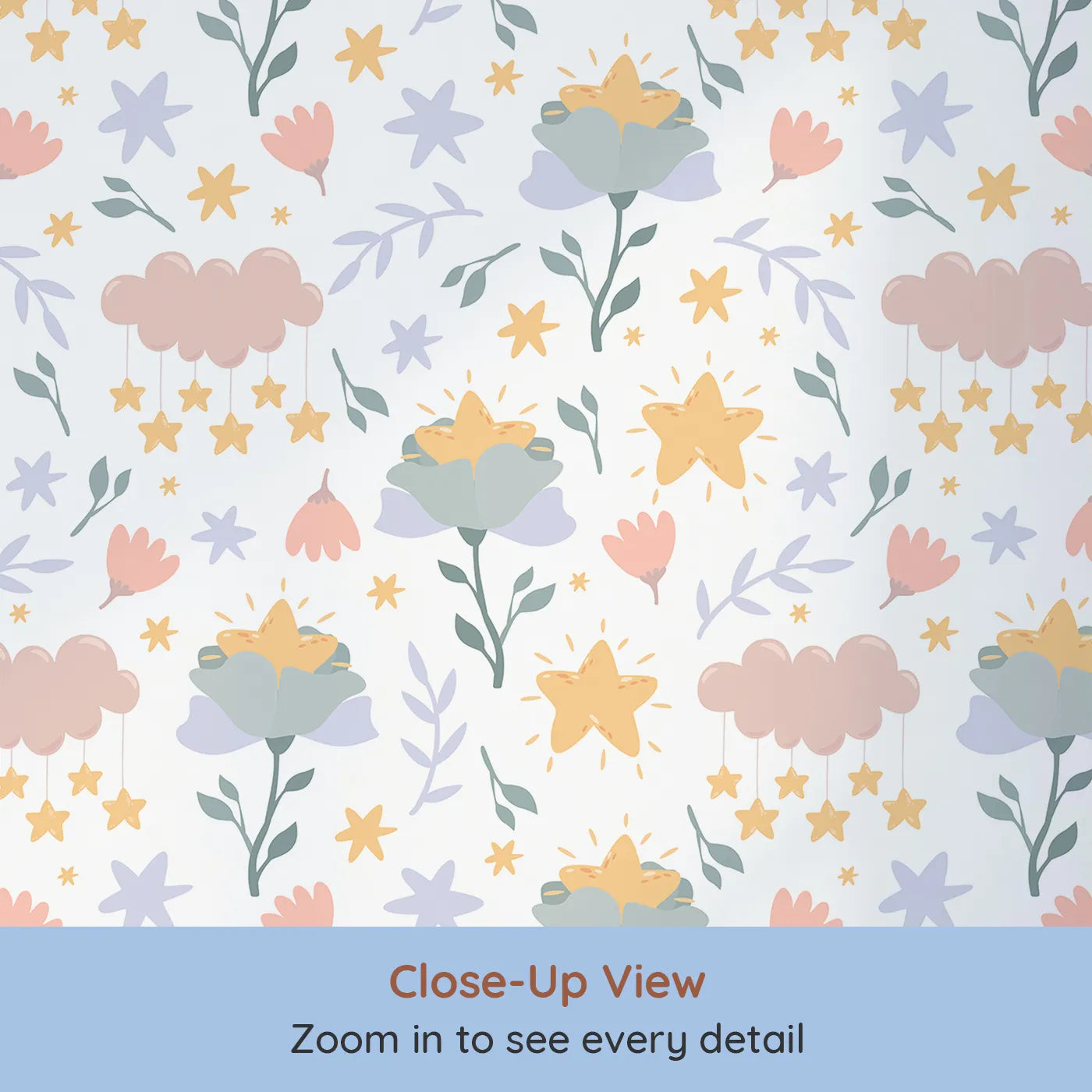 Close-up view of Whimsy Tots' Starlight Blossom Dreams Wallpaper in White (W3203A).Golden stars nestle in soft flowers beneath dreamy skies.