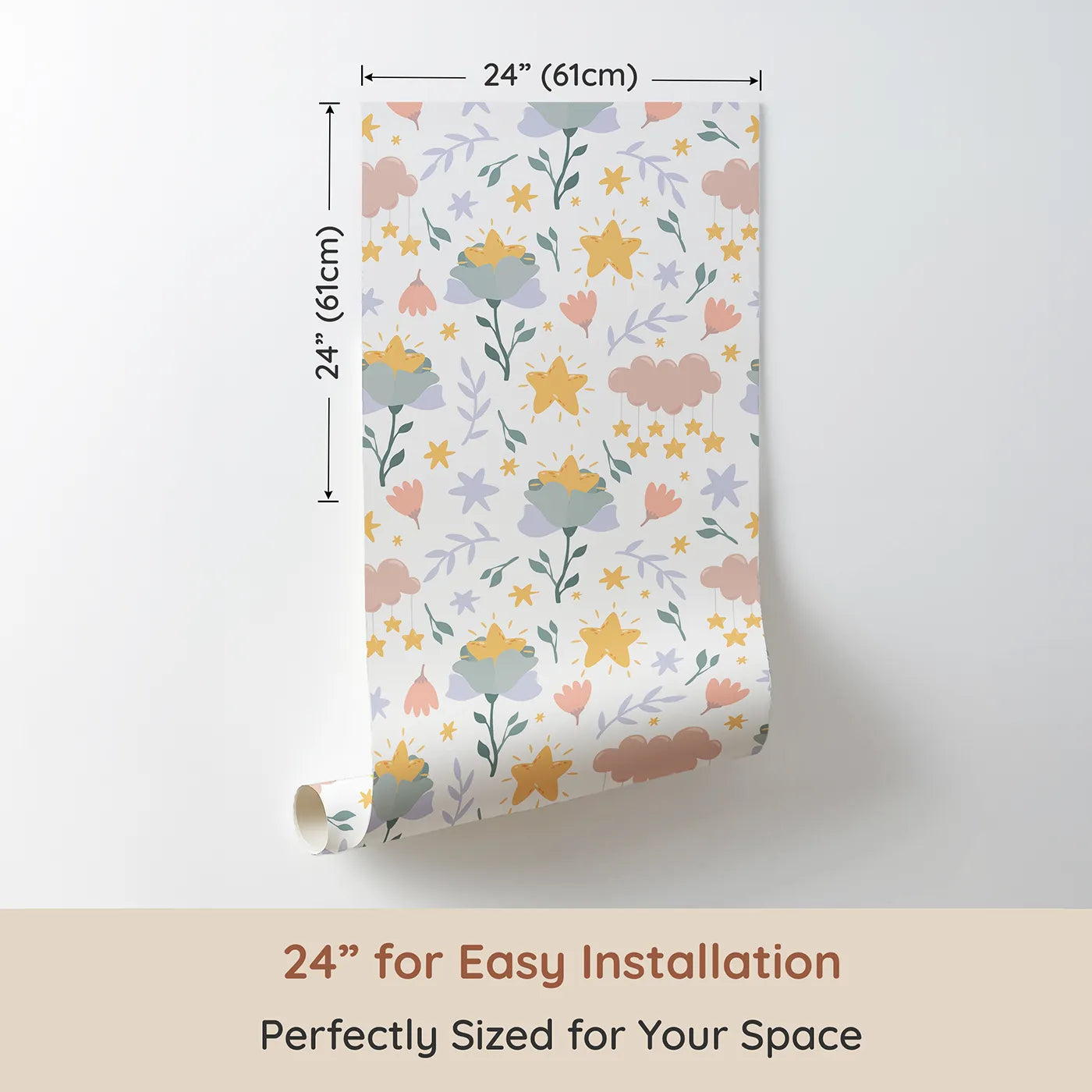 Dimension view of Whimsy Tots Starlight Blossom Dreams Wallpaper in White (W3203A). Printed in 24-inch-wide panel for easy installation. Golden stars nestle in soft flowers beneath dreamy skies.