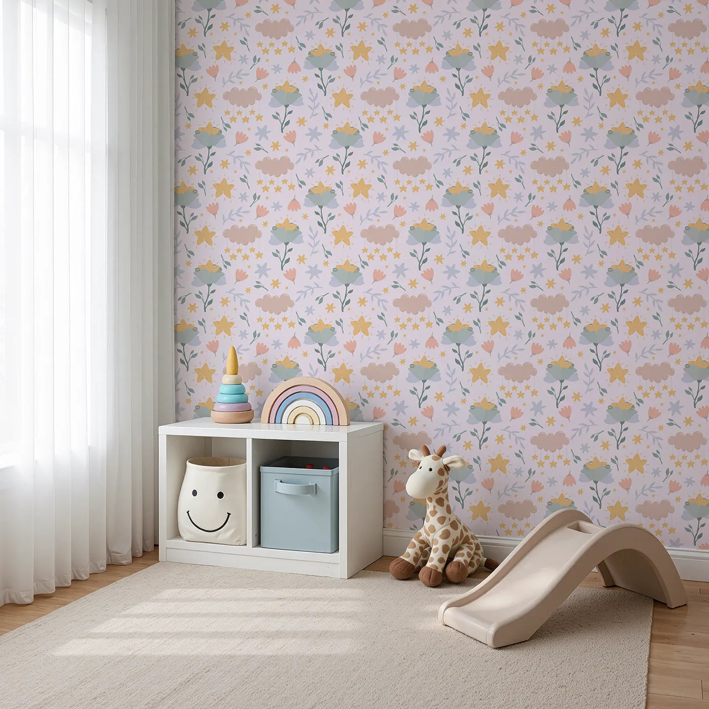 Angled view of Whimsy Tots' Starlight Blossom Dreams Wallpaper in Petal Pink (W3203B).Twinkling blossoms and dreamy clouds make bedtime feel magical.