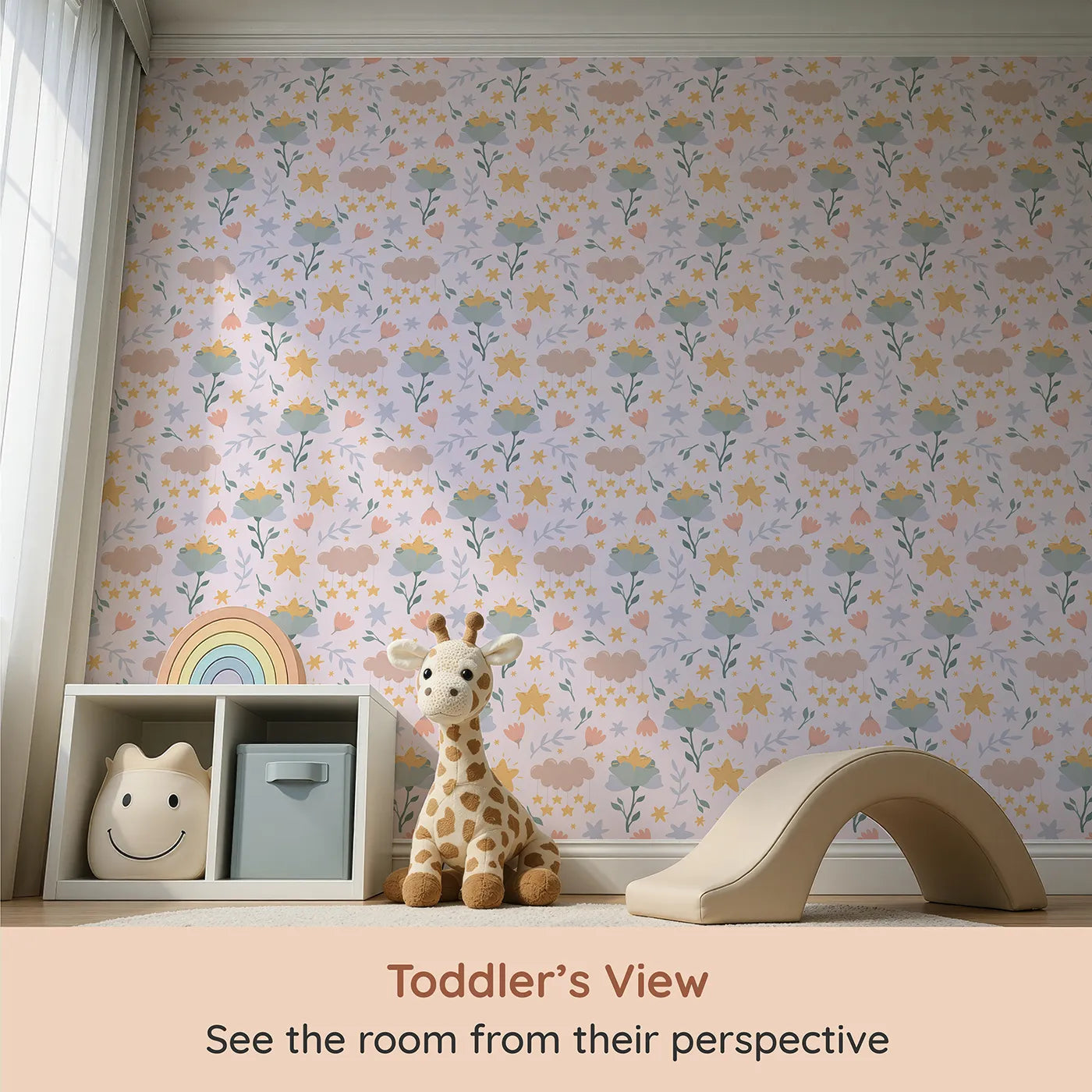 Whimsy Tots Starlight Blossom Dreams Wallpaper in Petal Pink (W3203B) from your child's view.Twinkling blossoms and dreamy clouds make bedtime feel magical.