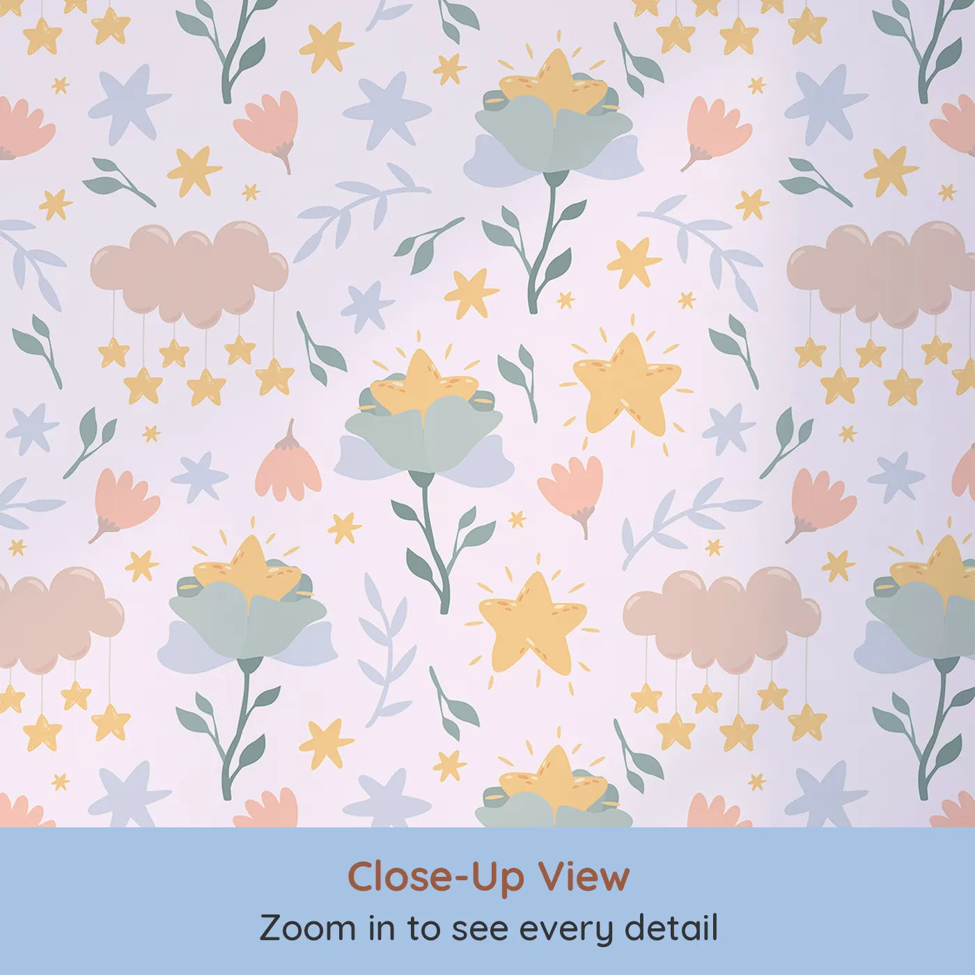 Close-up view of Whimsy Tots' Starlight Blossom Dreams Wallpaper in Petal Pink (W3203B).Twinkling blossoms and dreamy clouds make bedtime feel magical.