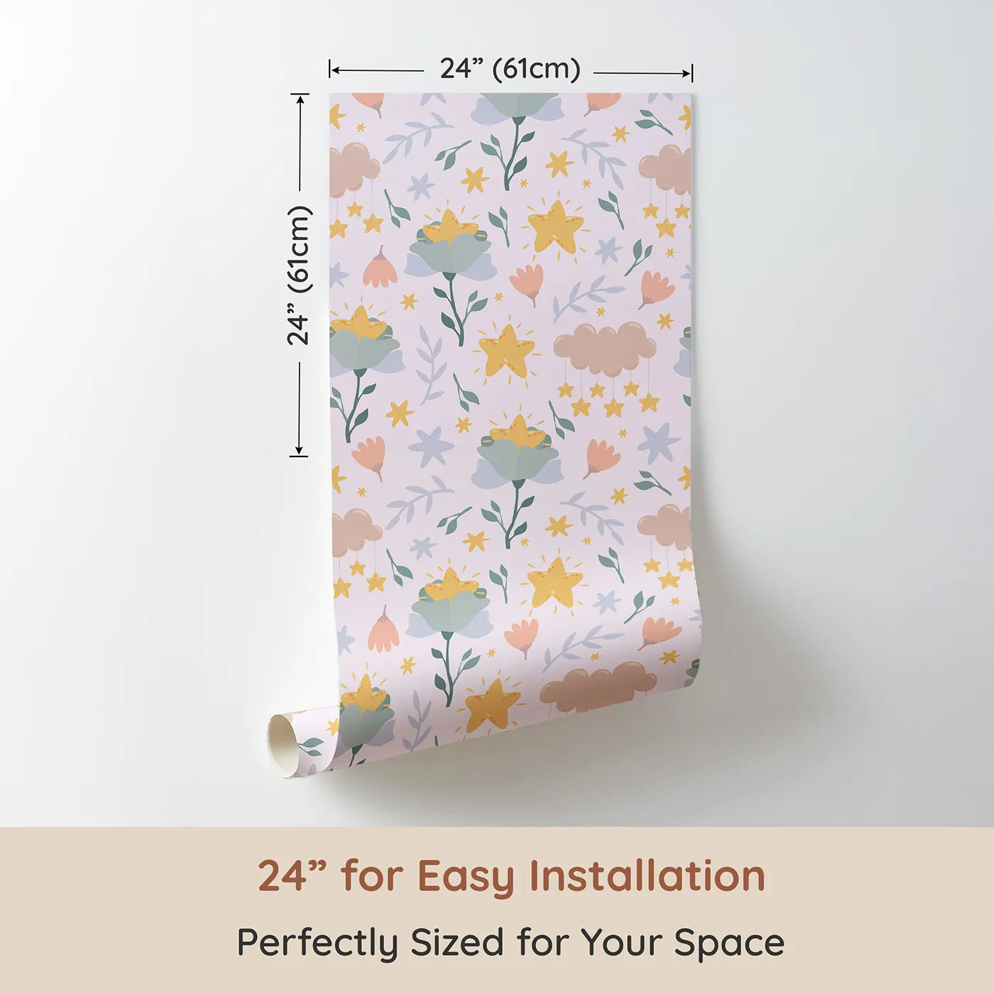 Dimension view of Whimsy Tots Starlight Blossom Dreams Wallpaper in Petal Pink (W3203B). Printed in 24-inch-wide panel for easy installation. Twinkling blossoms and dreamy clouds make bedtime feel magical.