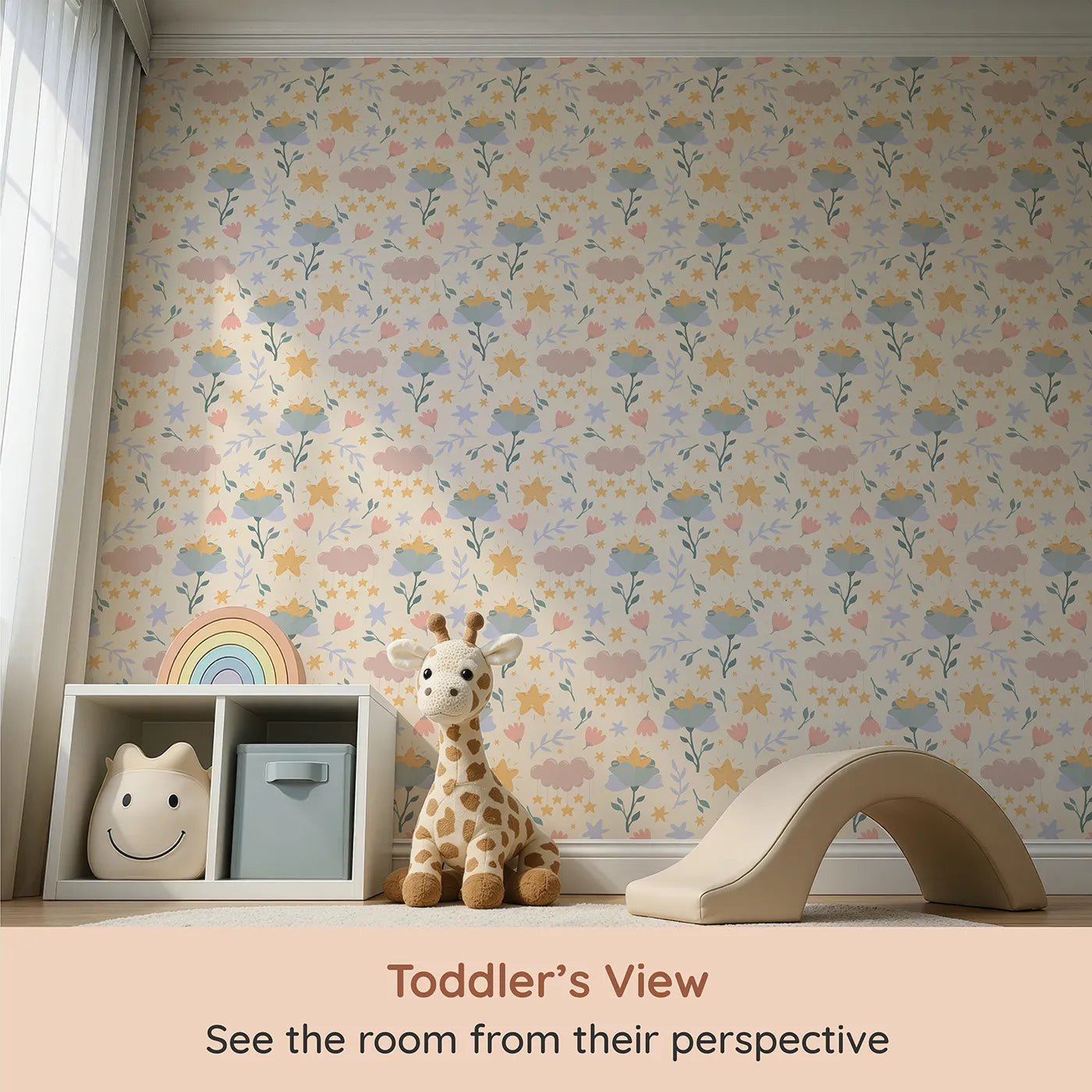 Whimsy Tots Starlight Blossom Dreams Wallpaper in Vanilla Cream (W3203C) from your child's view.Sunny stars bloom from flowers and clouds sprinkle dreams.