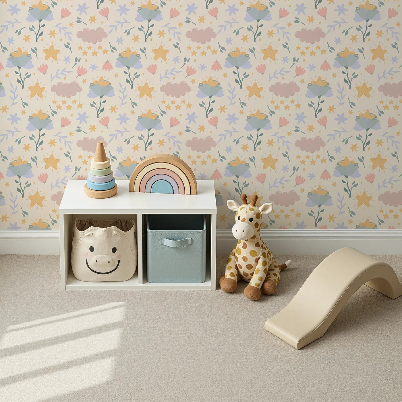 Top-Down view of Whimsy Tots' Starlight Blossom Dreams Wallpaper in Vanilla Cream (W3203C).Sunny stars bloom from flowers and clouds sprinkle dreams.