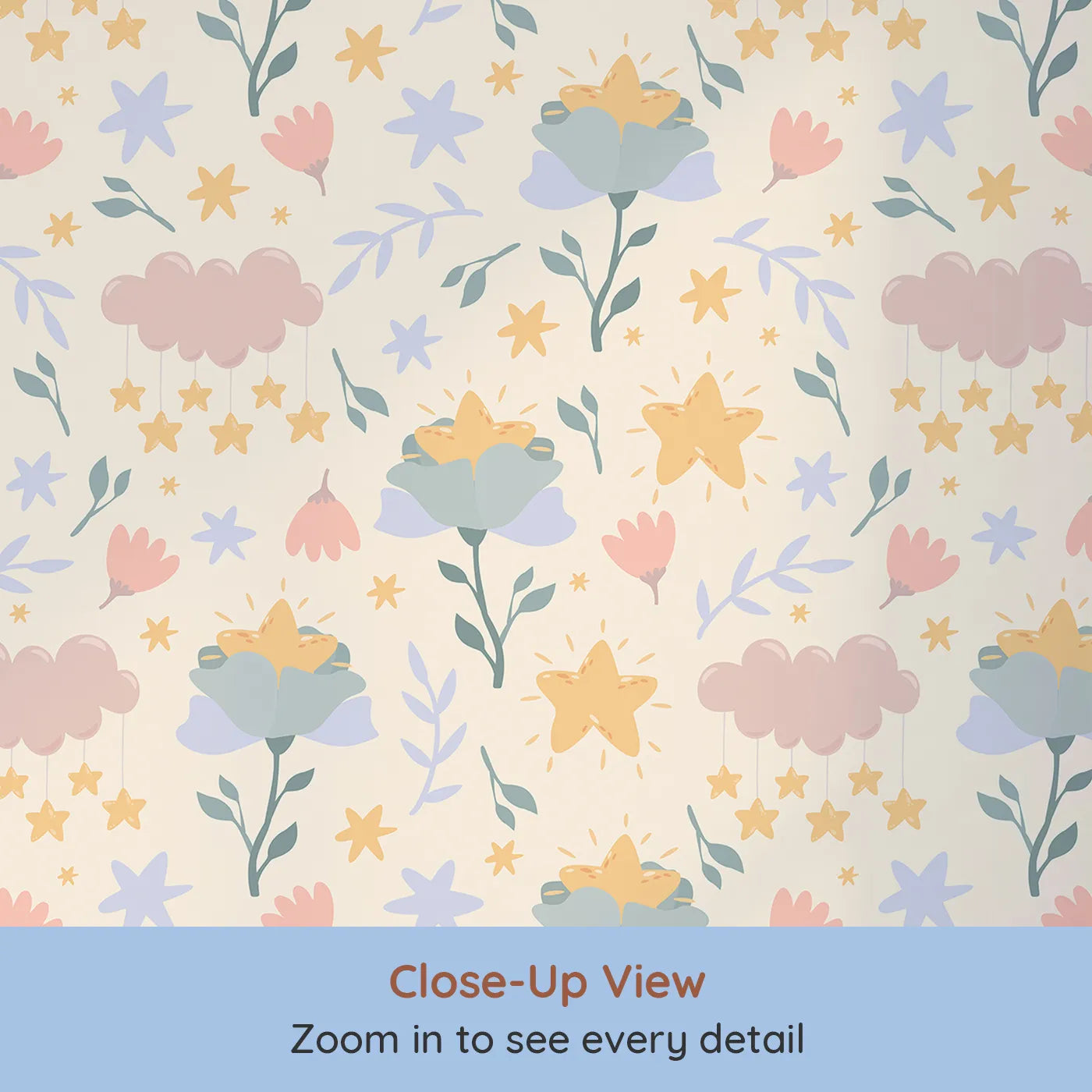 Close-up view of Whimsy Tots' Starlight Blossom Dreams Wallpaper in Vanilla Cream (W3203C).Sunny stars bloom from flowers and clouds sprinkle dreams.