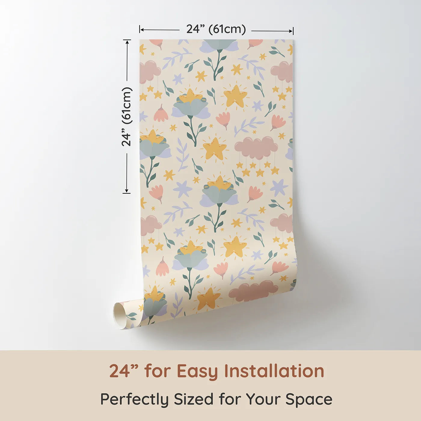 Dimension view of Whimsy Tots Starlight Blossom Dreams Wallpaper in Vanilla Cream (W3203C). Printed in 24-inch-wide panel for easy installation. Sunny stars bloom from flowers and clouds sprinkle dreams.