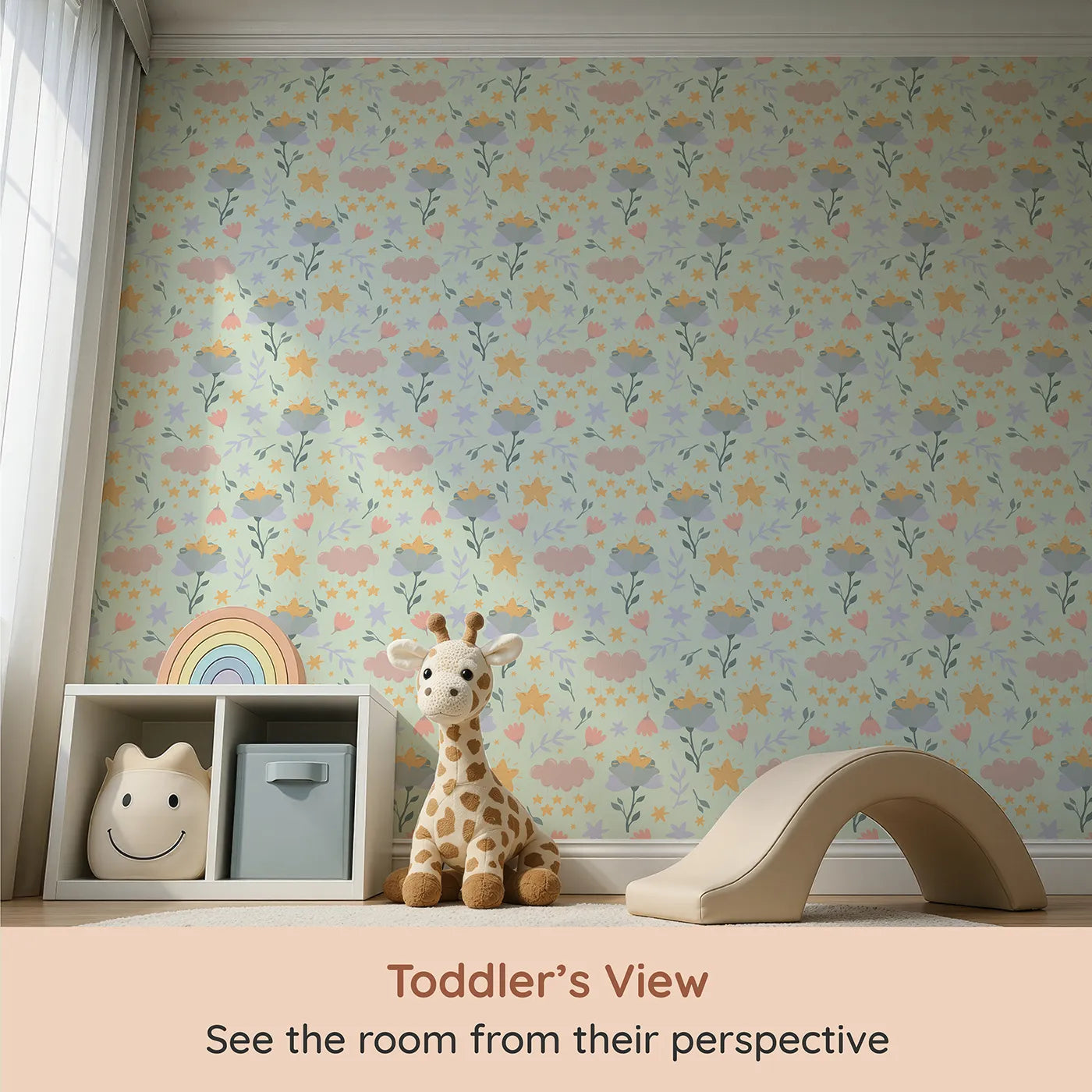 Whimsy Tots Starlight Blossom Dreams Wallpaper in Mint Sky Green (W3203D) from your child's view.Golden stars peek from flowers in a soft minty sky.