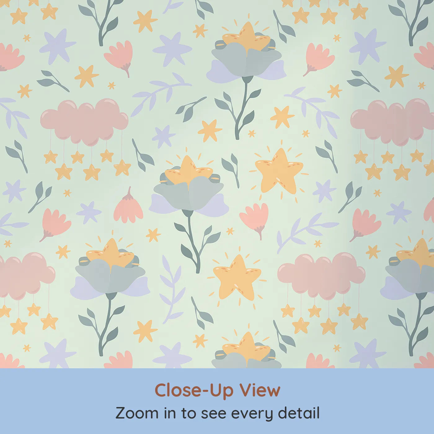 Close-up view of Whimsy Tots' Starlight Blossom Dreams Wallpaper in Mint Sky Green (W3203D).Golden stars peek from flowers in a soft minty sky.