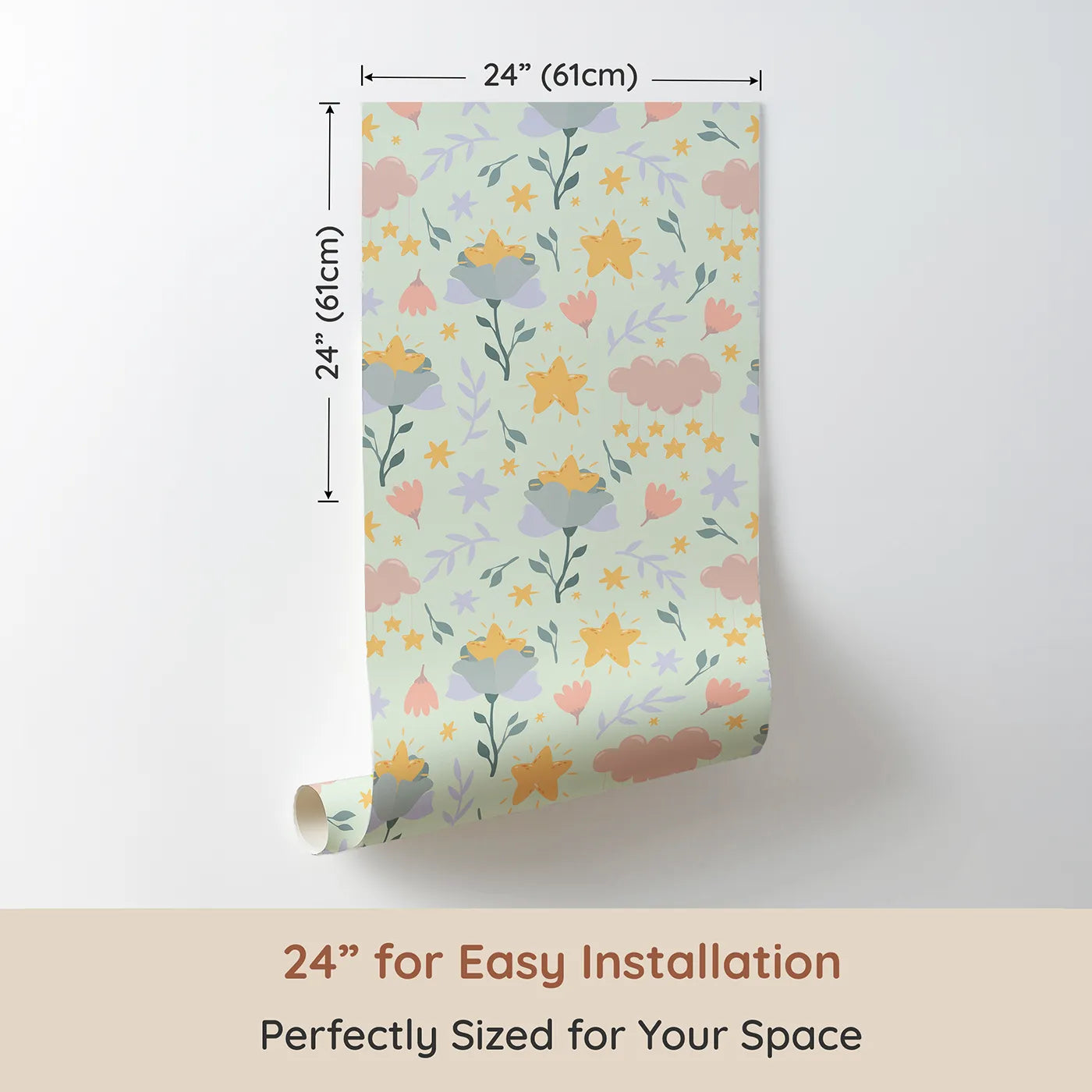 Dimension view of Whimsy Tots Starlight Blossom Dreams Wallpaper in Mint Sky Green (W3203D). Printed in 24-inch-wide panel for easy installation. Golden stars peek from flowers in a soft minty sky.