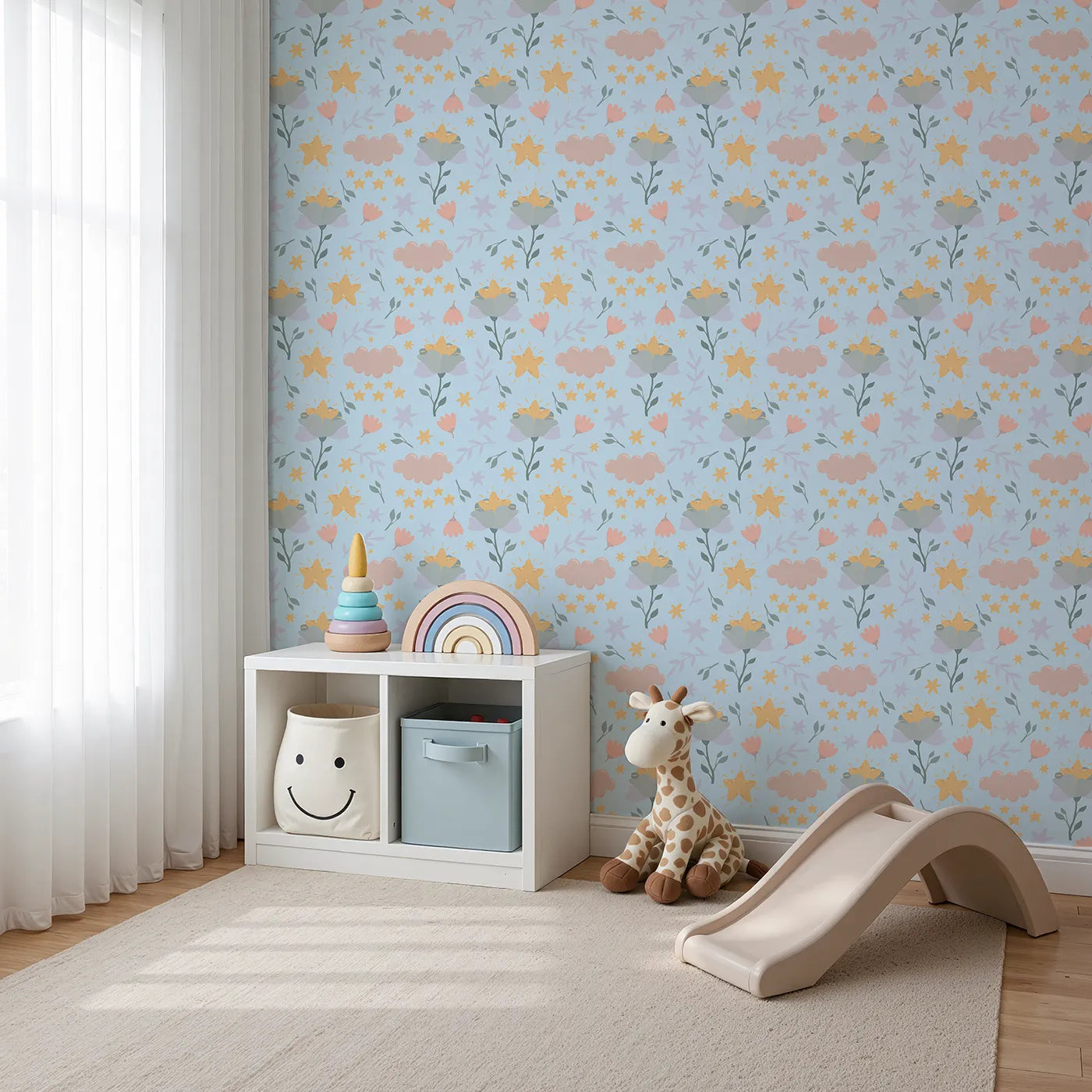 Angled view of Whimsy Tots' Starlight Blossom Dreams Wallpaper in Morning Sky (W3203E).Flowers bloom with stars in this soft and joyful morning sky.