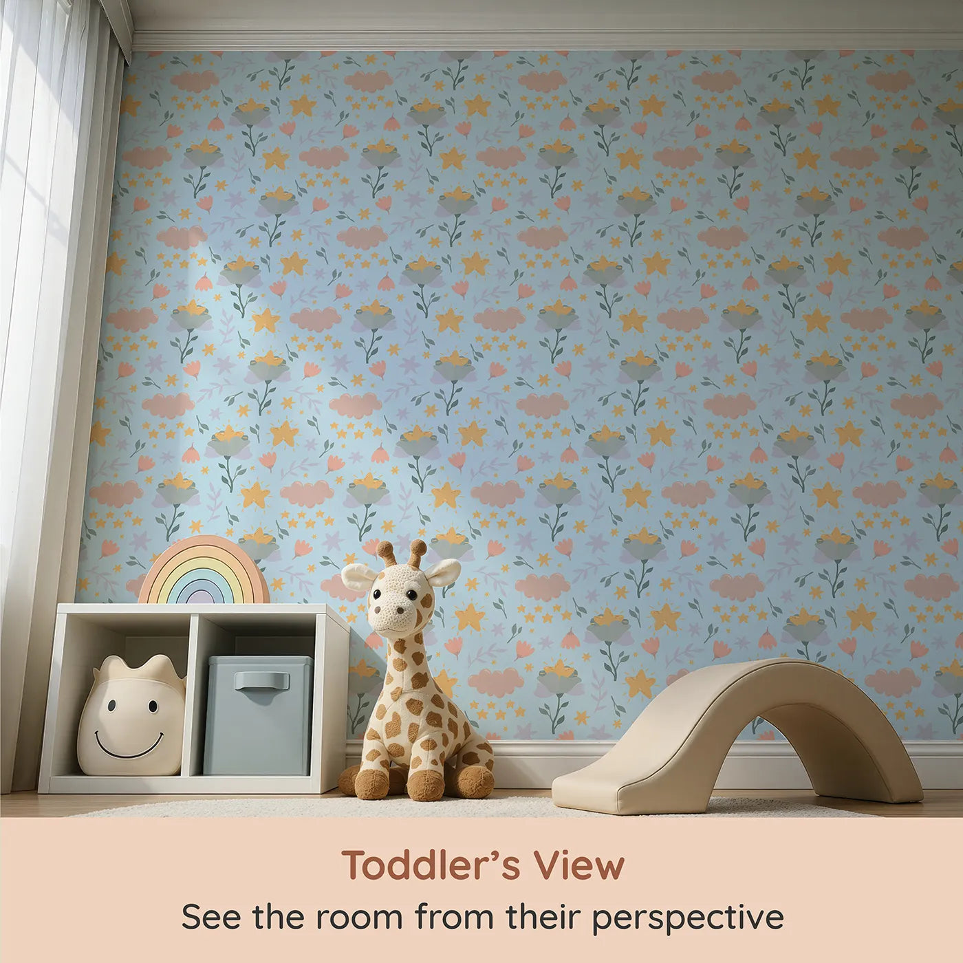 Whimsy Tots Starlight Blossom Dreams Wallpaper in Morning Sky (W3203E) from your child's view.Flowers bloom with stars in this soft and joyful morning sky.