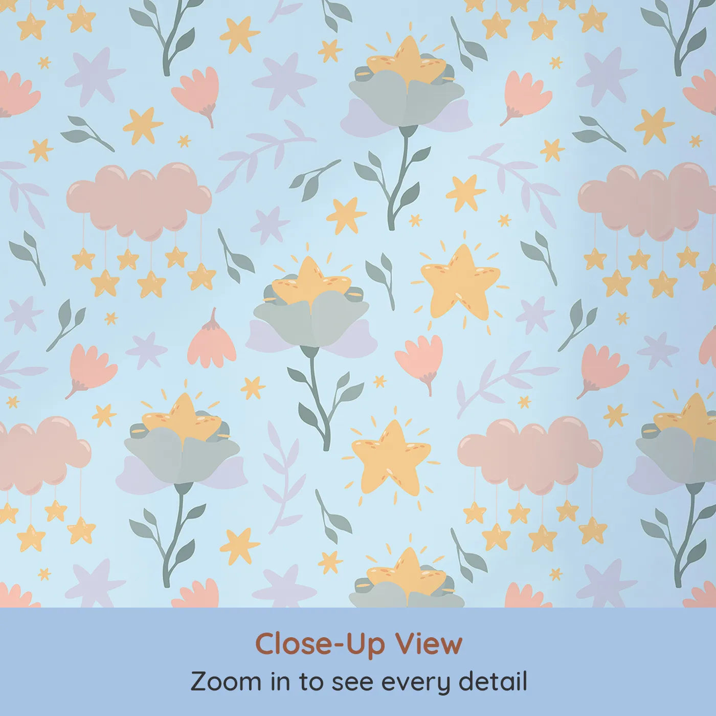 Close-up view of Whimsy Tots' Starlight Blossom Dreams Wallpaper in Morning Sky (W3203E).Flowers bloom with stars in this soft and joyful morning sky.