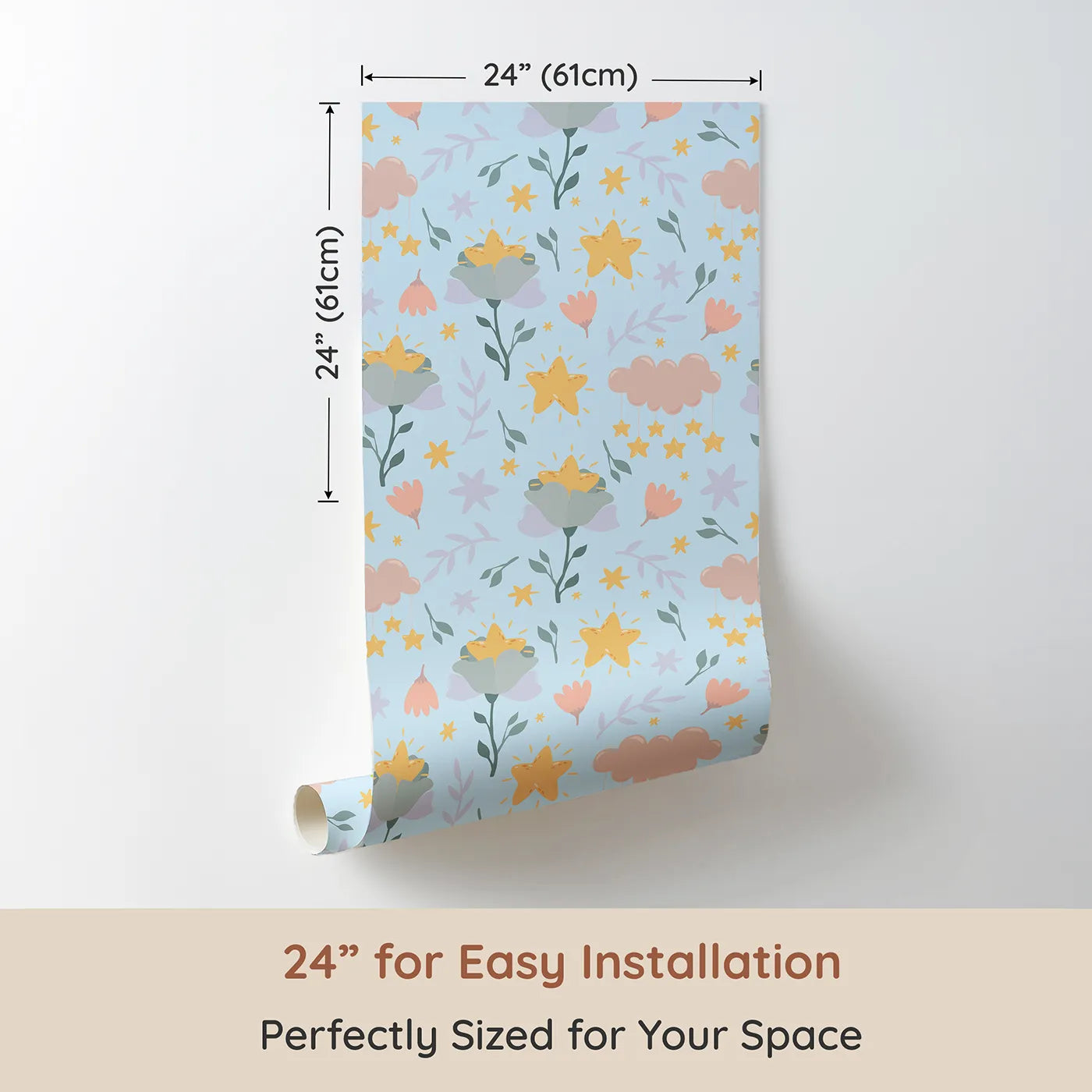 Dimension view of Whimsy Tots Starlight Blossom Dreams Wallpaper in Morning Sky (W3203E). Printed in 24-inch-wide panel for easy installation. Flowers bloom with stars in this soft and joyful morning sky.