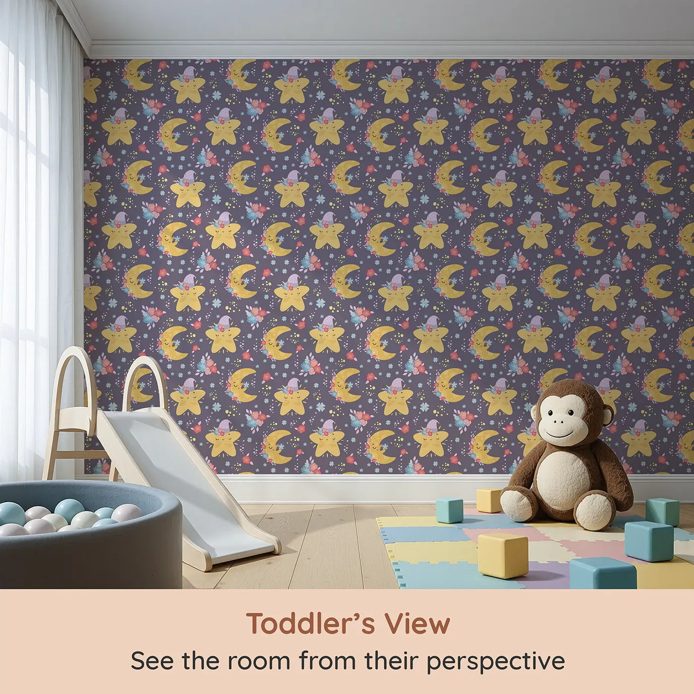 Whimsy Tots Starry Cuddle Sky Wallpaper in Twilight Plum (W3204A) from your child's view.Sleepy stars and dreamy moons fill the sky with warmth and calm.