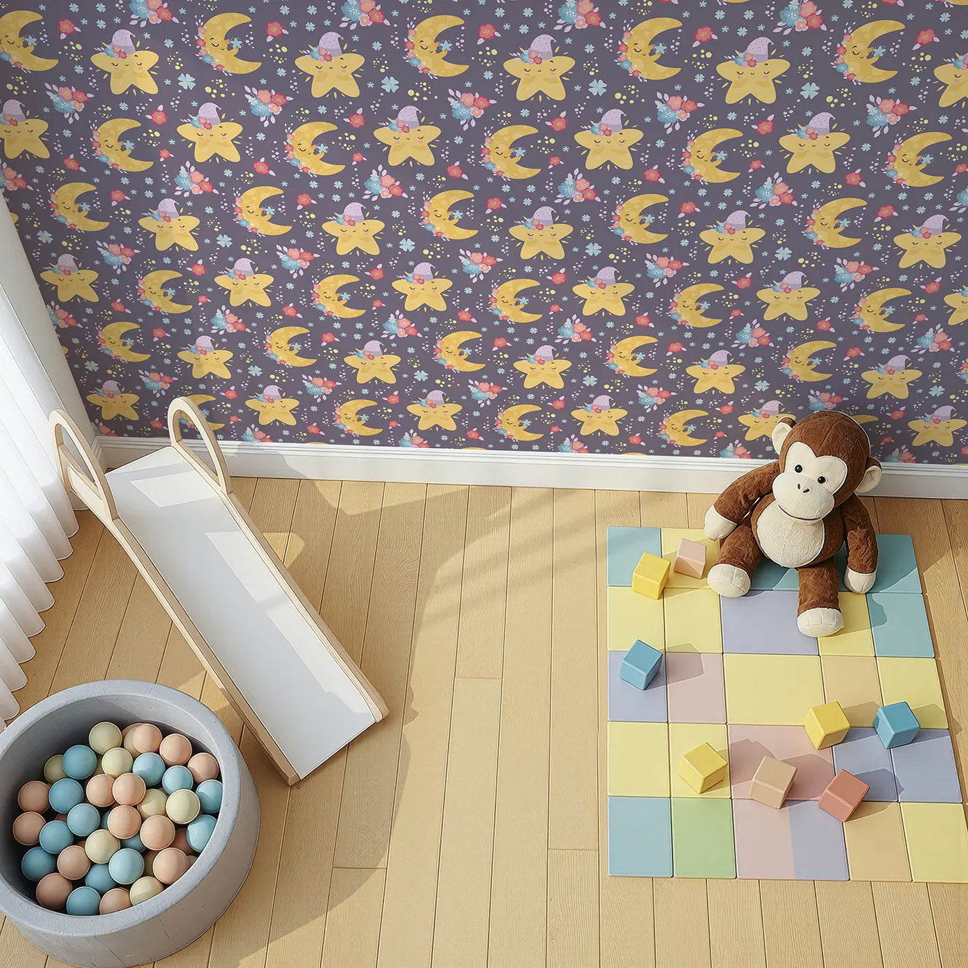Top-Down view of Whimsy Tots' Starry Cuddle Sky Wallpaper in Twilight Plum (W3204A).Sleepy stars and dreamy moons fill the sky with warmth and calm.