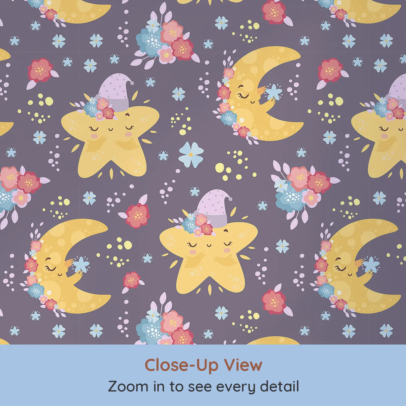 Close-up view of Whimsy Tots' Starry Cuddle Sky Wallpaper in Twilight Plum (W3204A).Sleepy stars and dreamy moons fill the sky with warmth and calm.