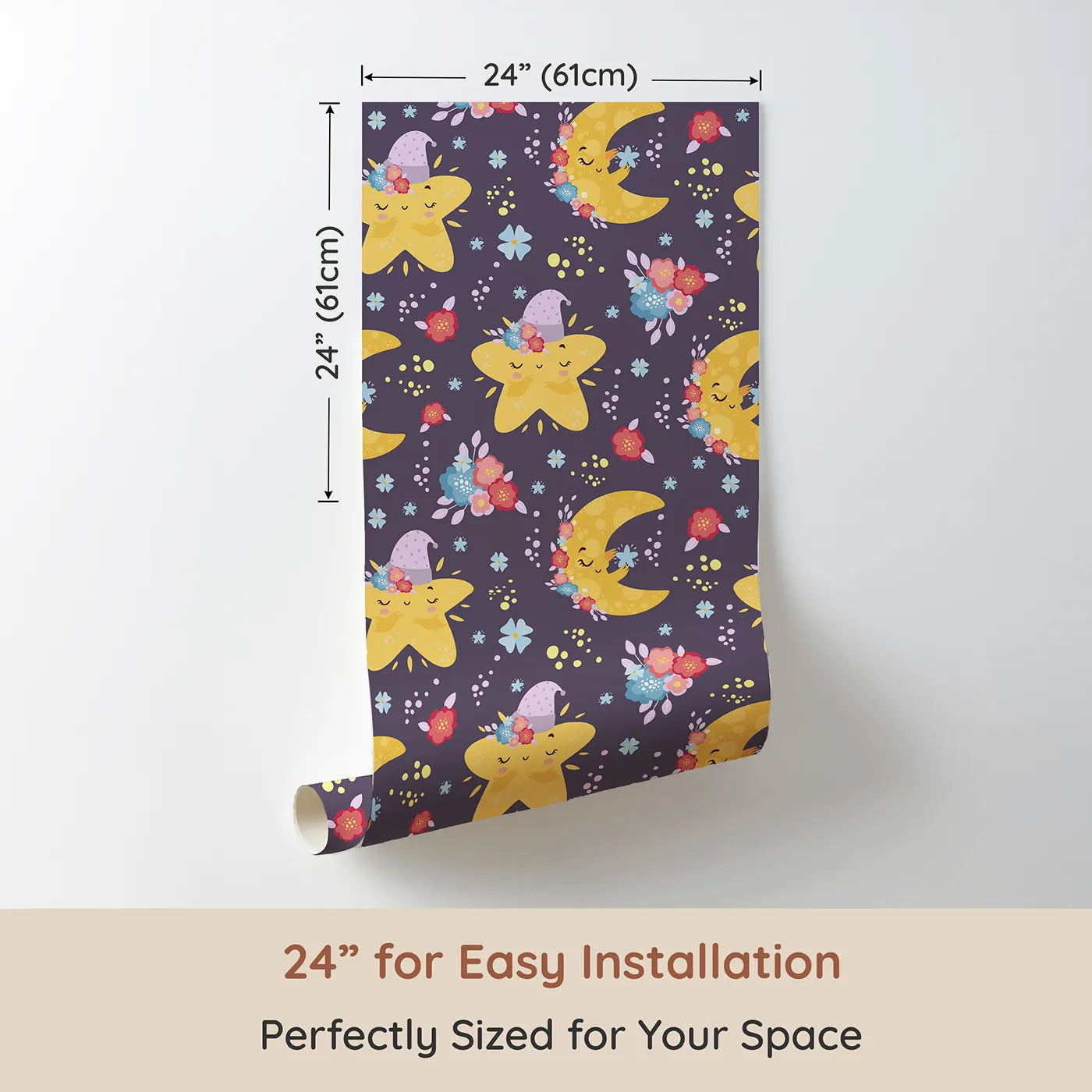 Dimension view of Whimsy Tots Starry Cuddle Sky Wallpaper in Twilight Plum (W3204A). Printed in 24-inch-wide panel for easy installation. Sleepy stars and dreamy moons fill the sky with warmth and calm.