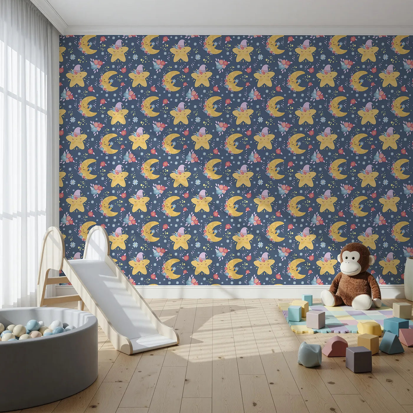 Front view of Whimsy Tots' Starry Cuddle Sky Wallpaper in Midnight Blue