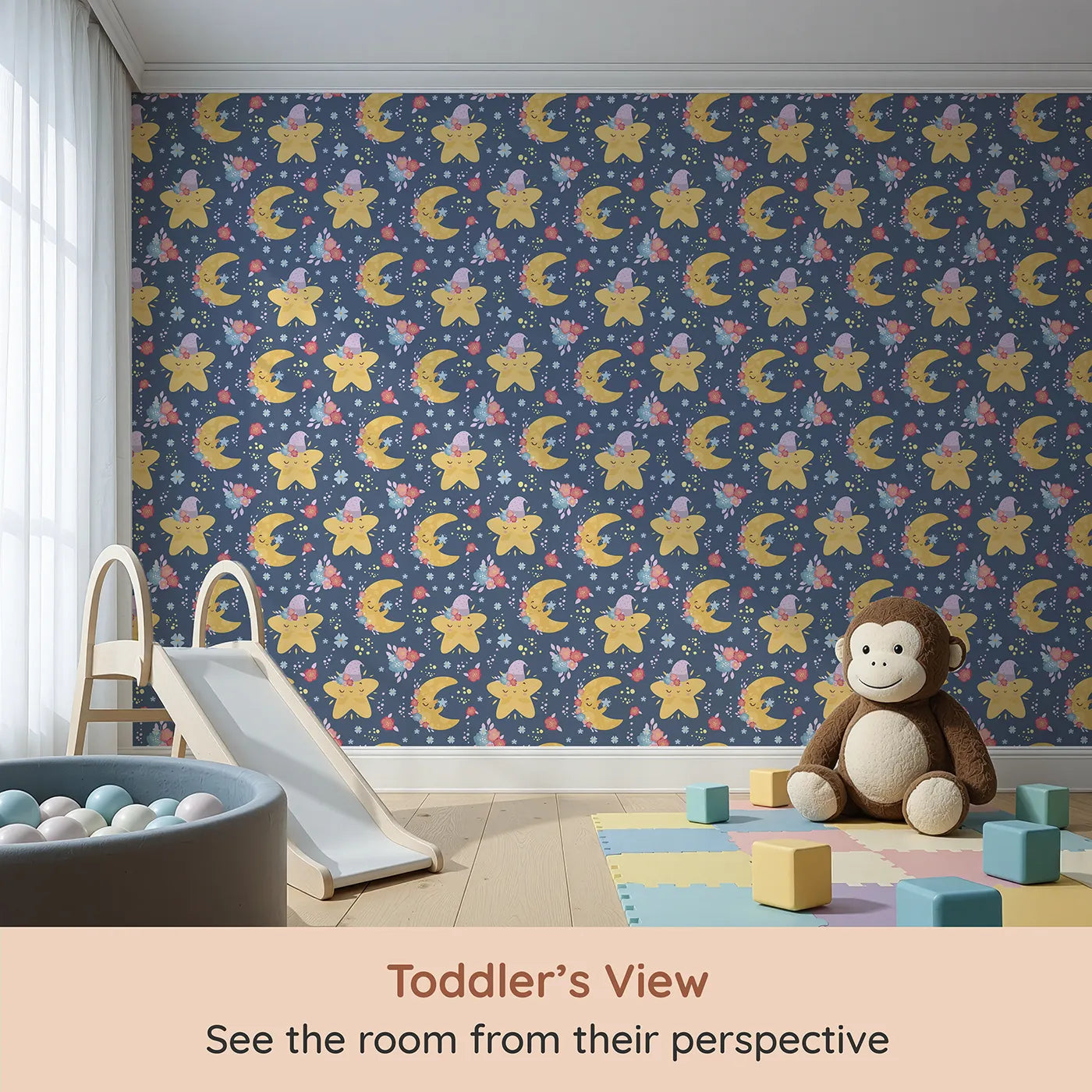 Whimsy Tots Starry Cuddle Sky Wallpaper in Midnight Blue (W3204B) from your child's view.Sleepy stars and flower-kissed moons bring gentle night magic.