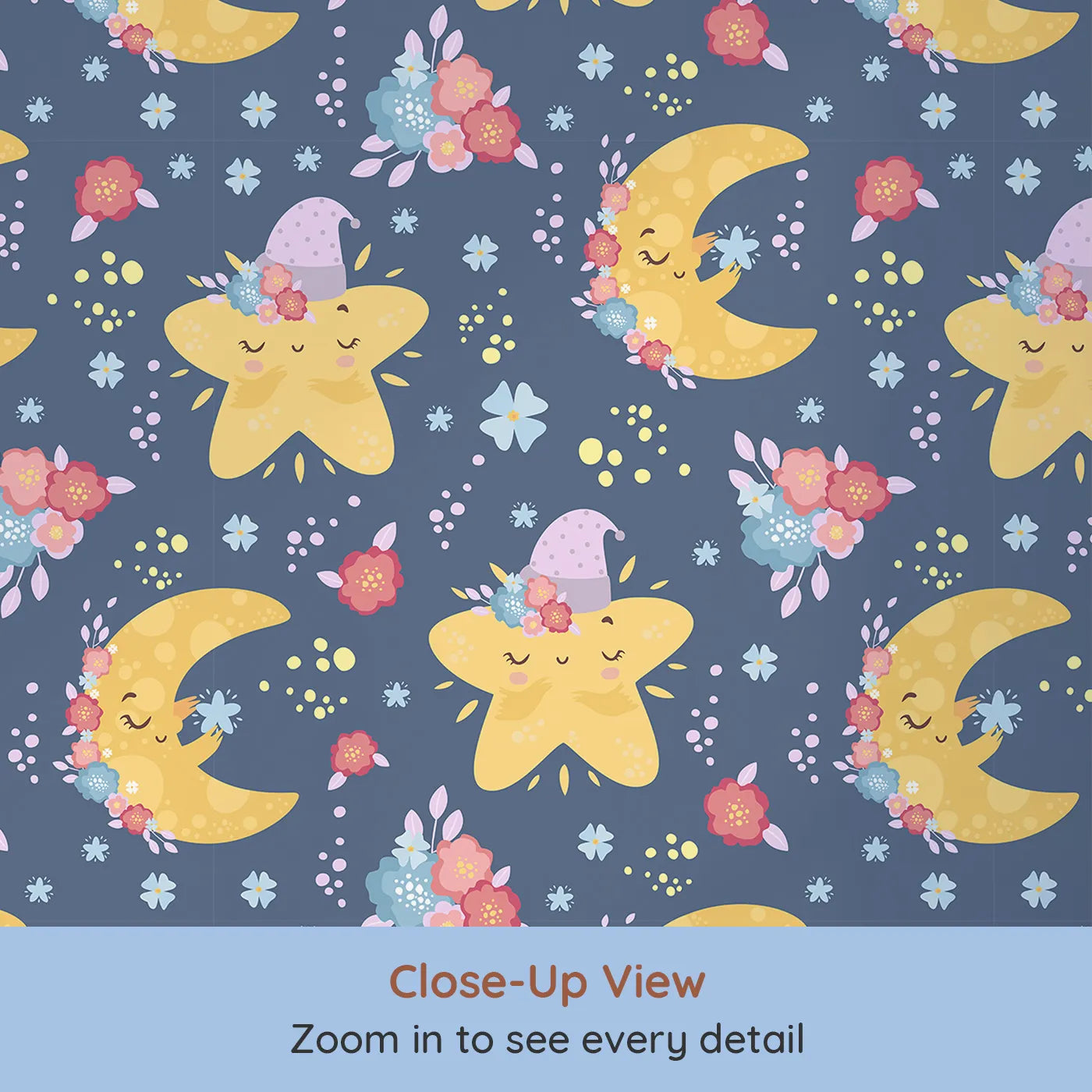 Close-up view of Whimsy Tots' Starry Cuddle Sky Wallpaper in Midnight Blue (W3204B).Sleepy stars and flower-kissed moons bring gentle night magic.