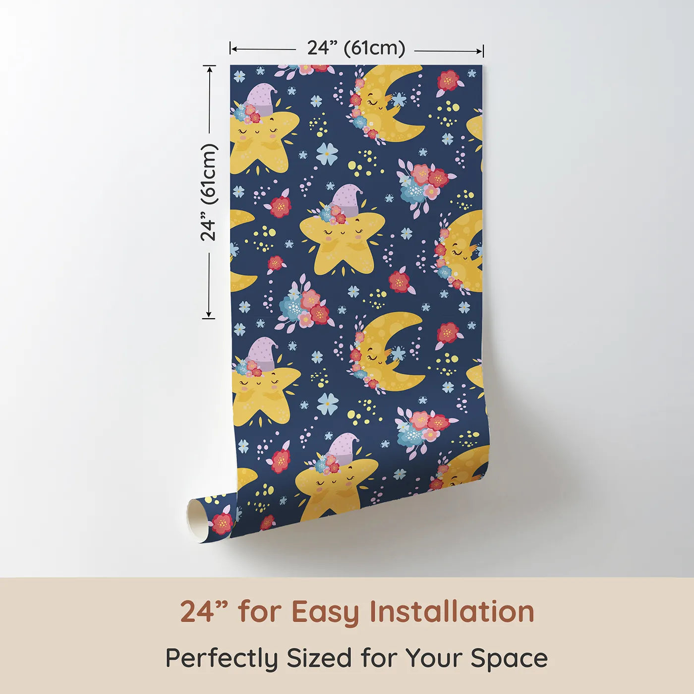 Dimension view of Whimsy Tots Starry Cuddle Sky Wallpaper in Midnight Blue (W3204B). Printed in 24-inch-wide panel for easy installation. Sleepy stars and flower-kissed moons bring gentle night magic.
