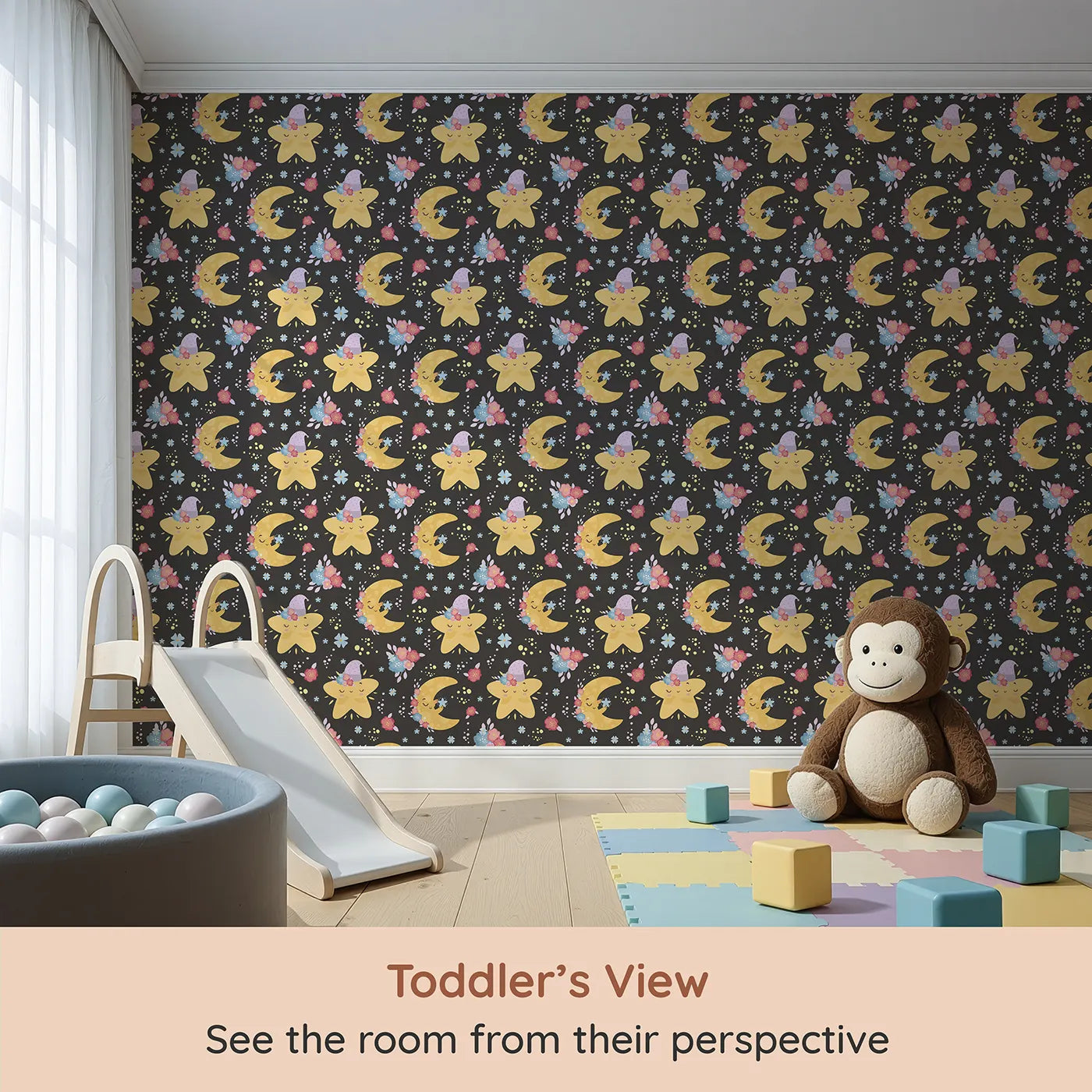 Whimsy Tots Starry Cuddle Sky Wallpaper in Starry Night Black (W3204C) from your child's view.Smiling stars and soft moons bloom with bedtime magic.