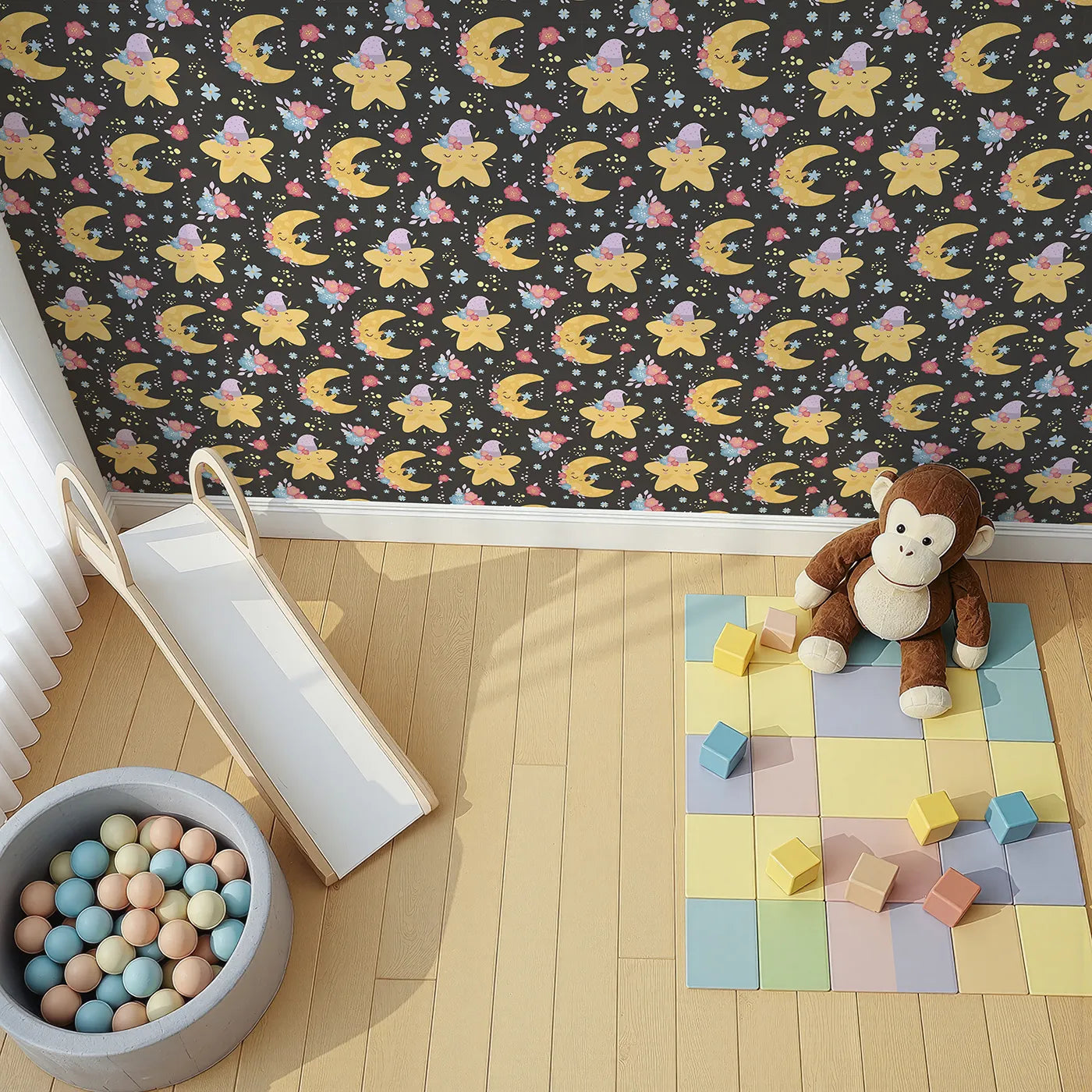 Top-Down view of Whimsy Tots' Starry Cuddle Sky Wallpaper in Starry Night Black (W3204C).Smiling stars and soft moons bloom with bedtime magic.