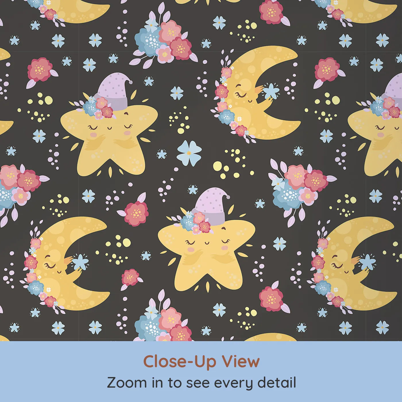 Close-up view of Whimsy Tots' Starry Cuddle Sky Wallpaper in Starry Night Black (W3204C).Smiling stars and soft moons bloom with bedtime magic.