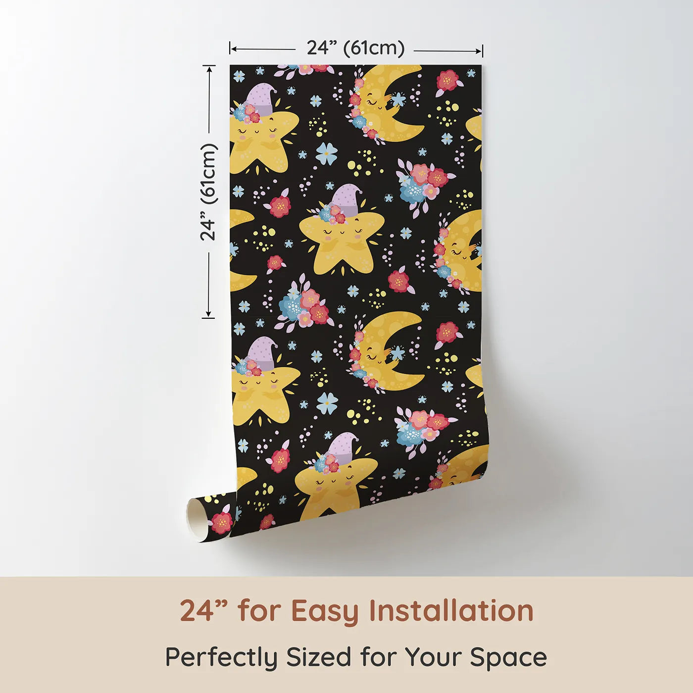 Dimension view of Whimsy Tots Starry Cuddle Sky Wallpaper in Starry Night Black (W3204C). Printed in 24-inch-wide panel for easy installation. Smiling stars and soft moons bloom with bedtime magic.