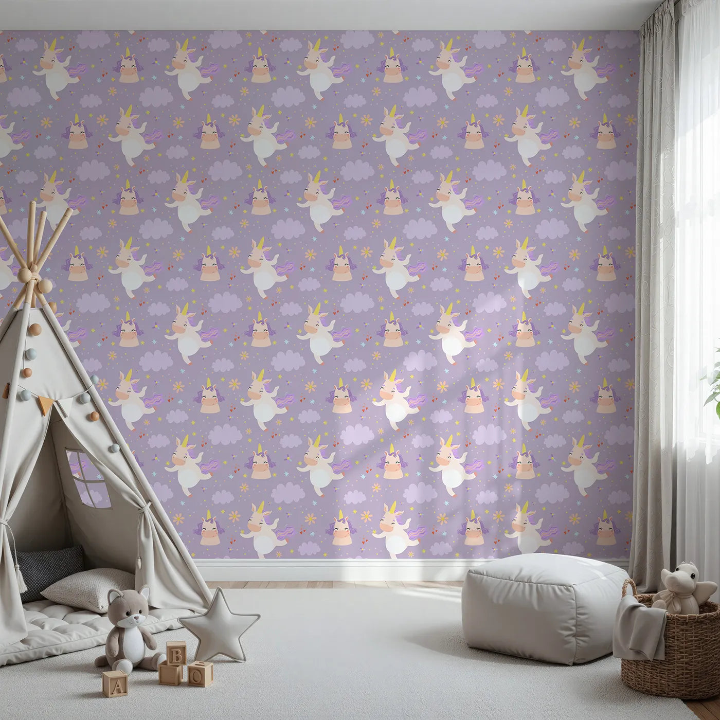 Front view of Whimsy Tots' Unicorn Giggle Garden Wallpaper in Lavender