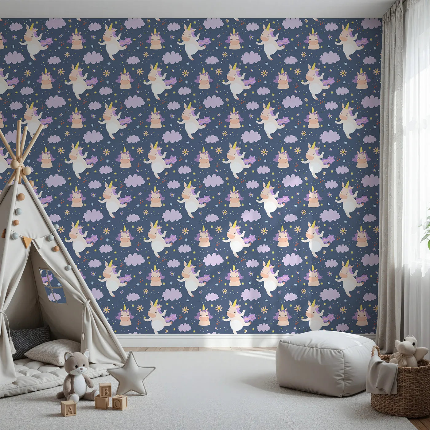 Front view of Whimsy Tots' Unicorn Giggle Garden Wallpaper in Twilight Blue