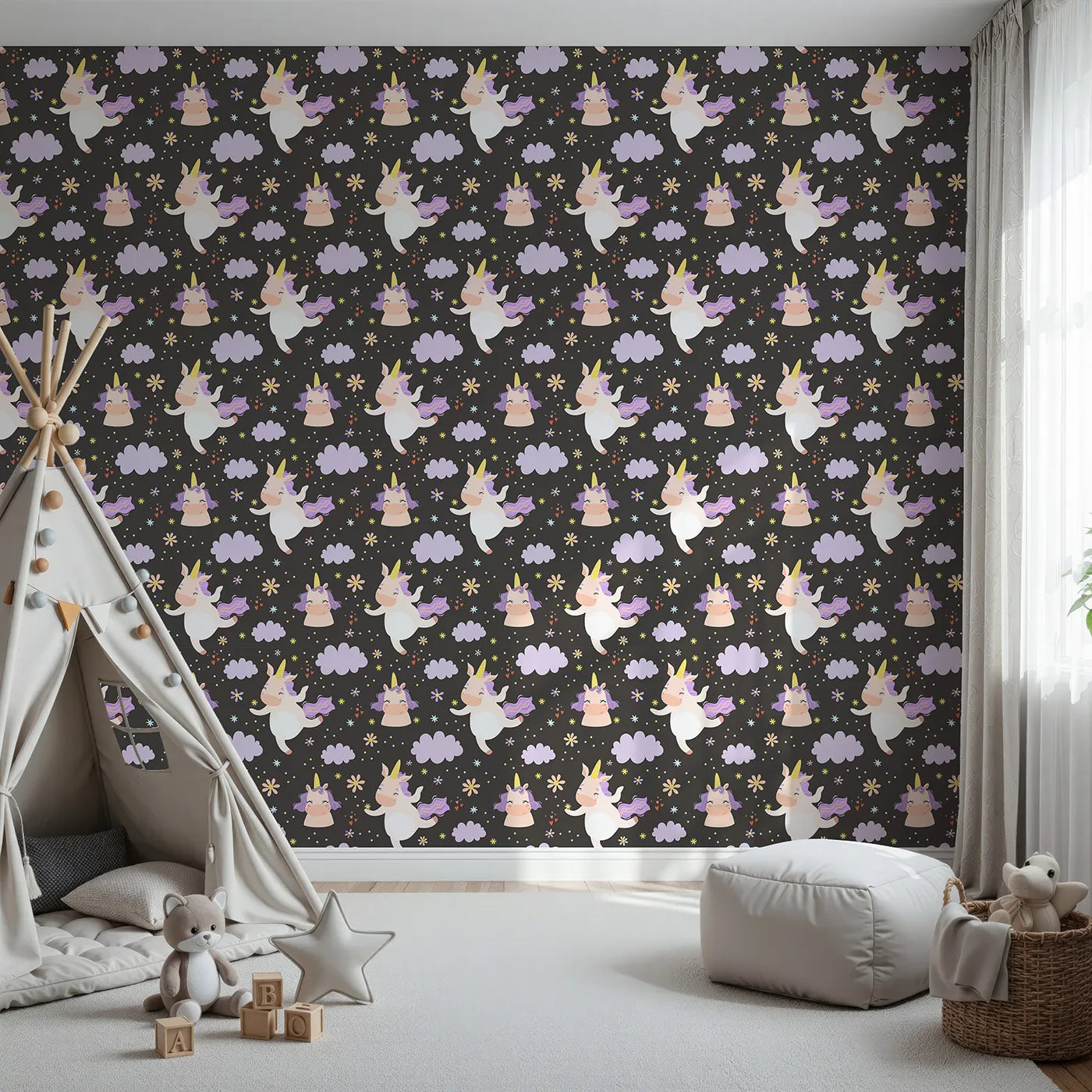 Front view of Whimsy Tots' Unicorn Giggle Garden Wallpaper in Starry Night Black