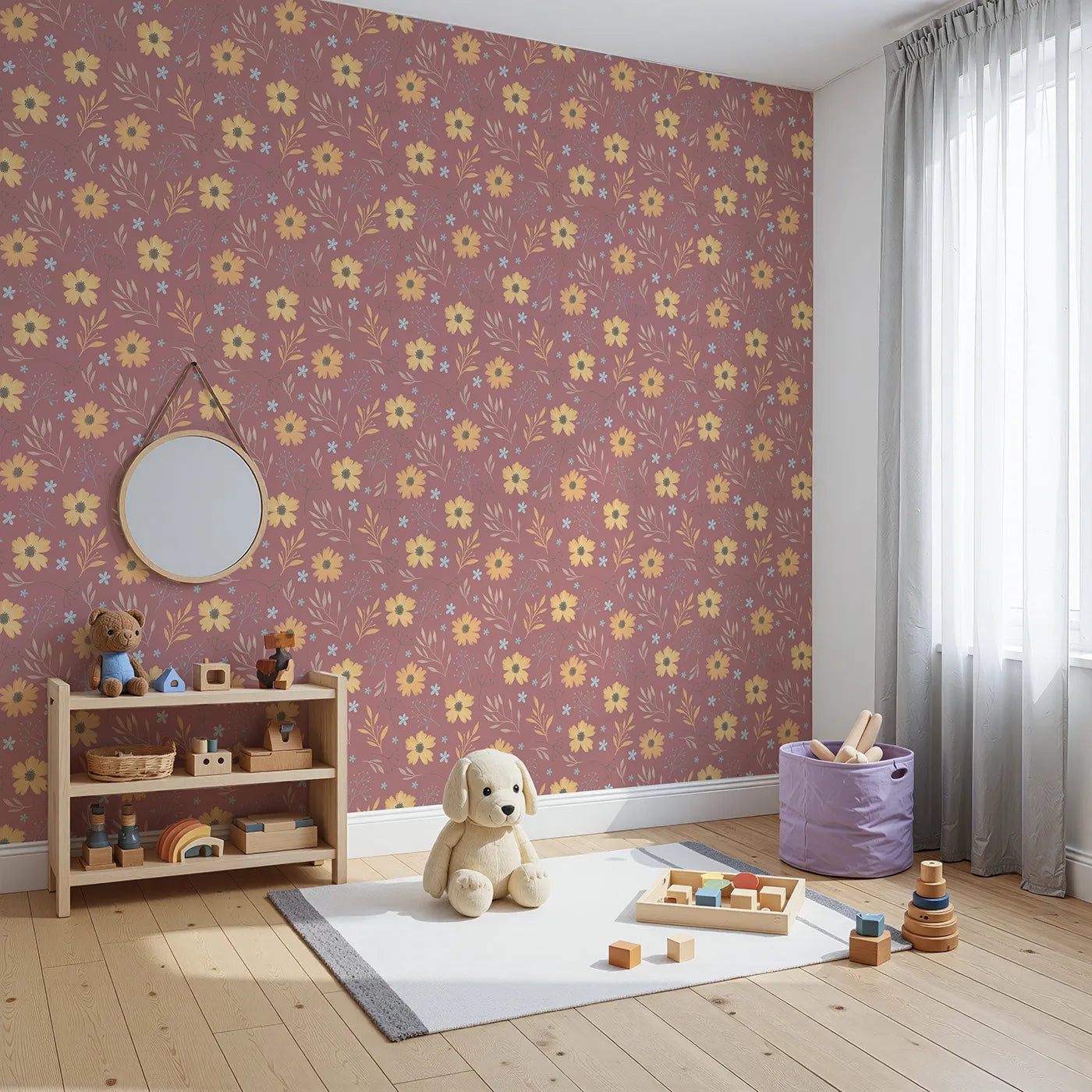 Angled view of Whimsy Tots' Twilight Daisy Meadow Wallpaper (W3206).Golden daisies glow against a dusky mauve sky.