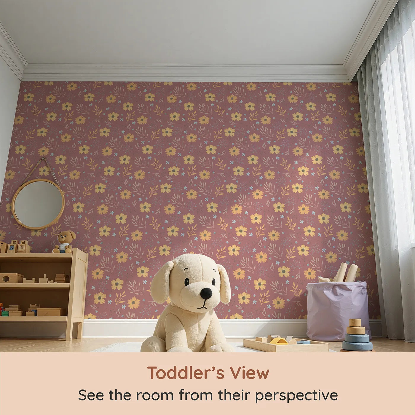 Whimsy Tots Twilight Daisy Meadow Wallpaper (W3206) from your child's view.Golden daisies glow against a dusky mauve sky.