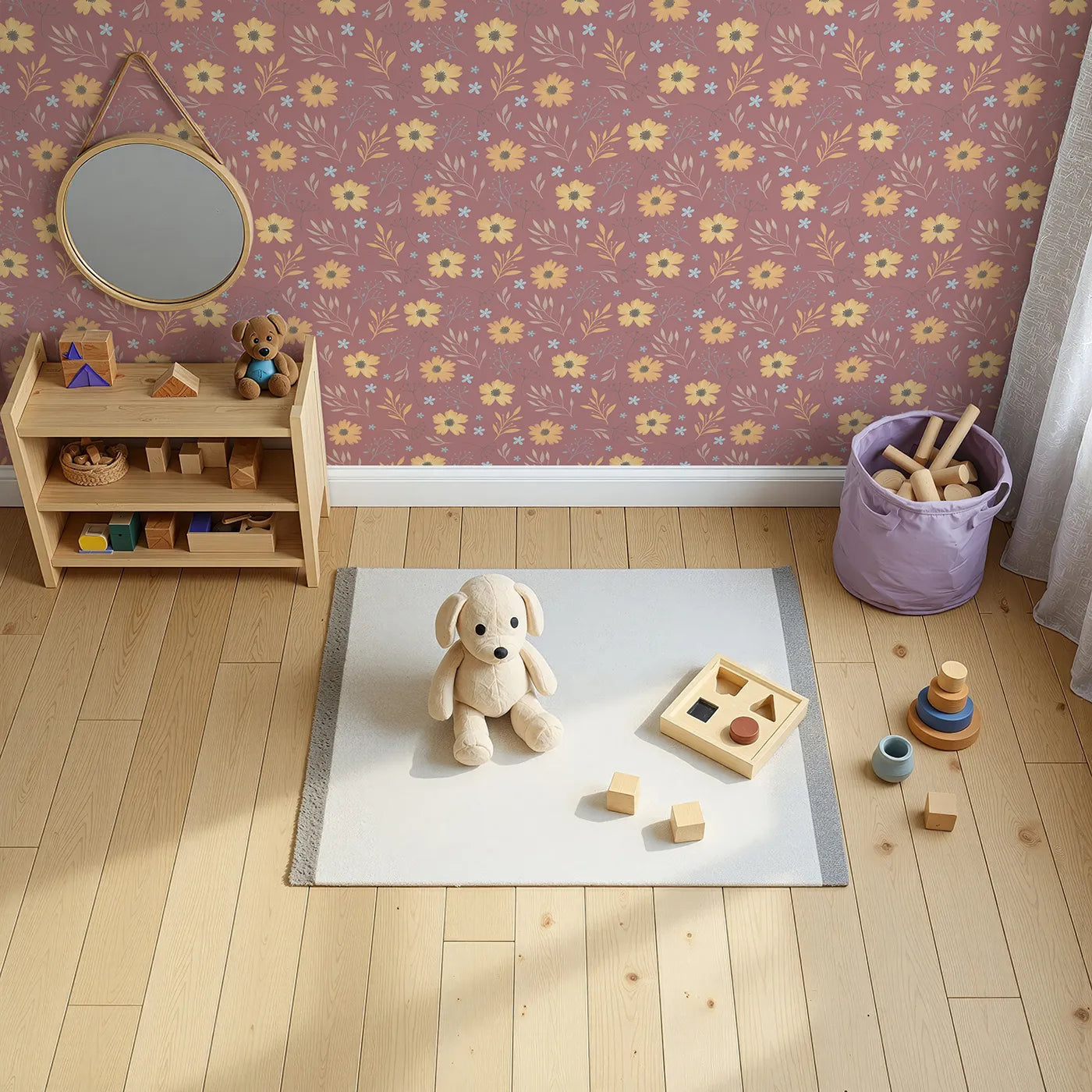 Top-Down view of Whimsy Tots' Twilight Daisy Meadow Wallpaper (W3206).Golden daisies glow against a dusky mauve sky.