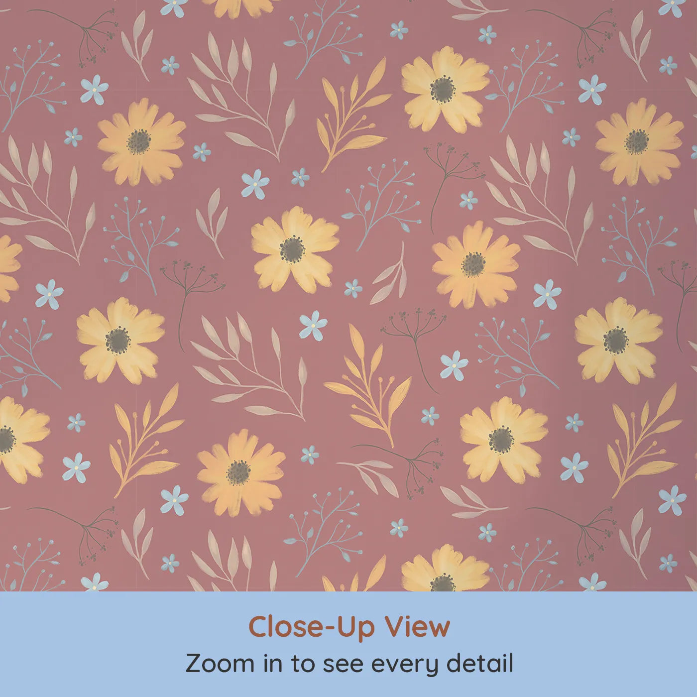 Close-up view of Whimsy Tots' Twilight Daisy Meadow Wallpaper (W3206).Golden daisies glow against a dusky mauve sky.